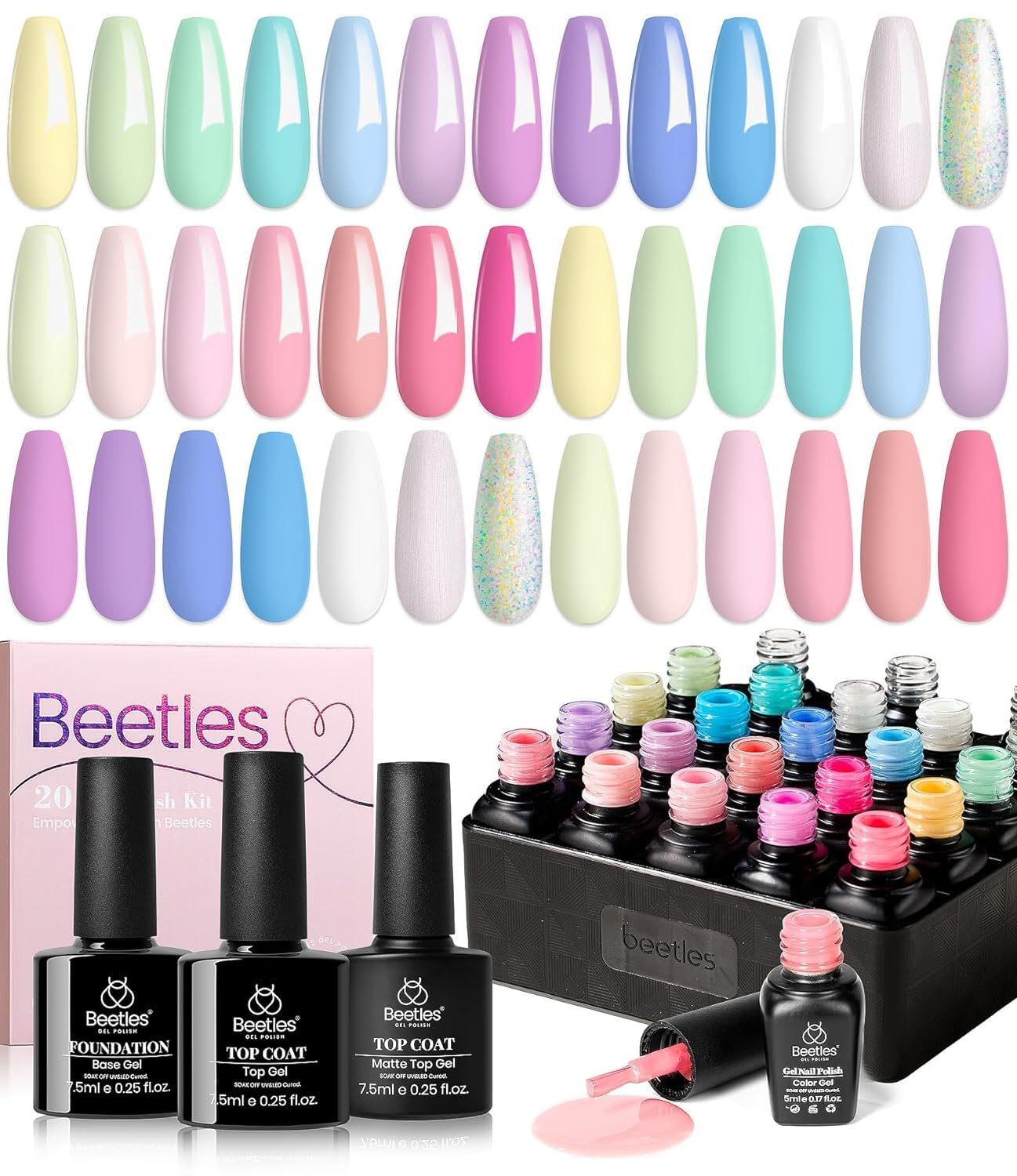 beetles Gel Polish Nail Set 20 Colors Spring Pastel Girly Sparkle Glitter Uv Gel Dreamy Town Collection Macaroon Bright Pastel Nail Manicure Kit with 3Pcs Base Top Coat Valentine's Day Gift for Women - Image 8