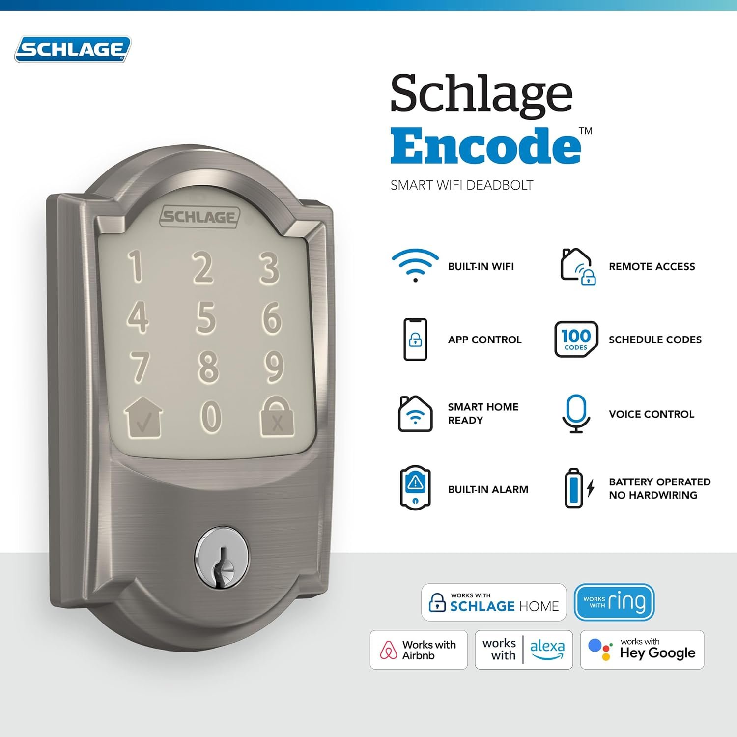 Schlage Encode Smart Wi-Fi Deadbolt with Camelot Trim in Satin Nickel - Image 3
