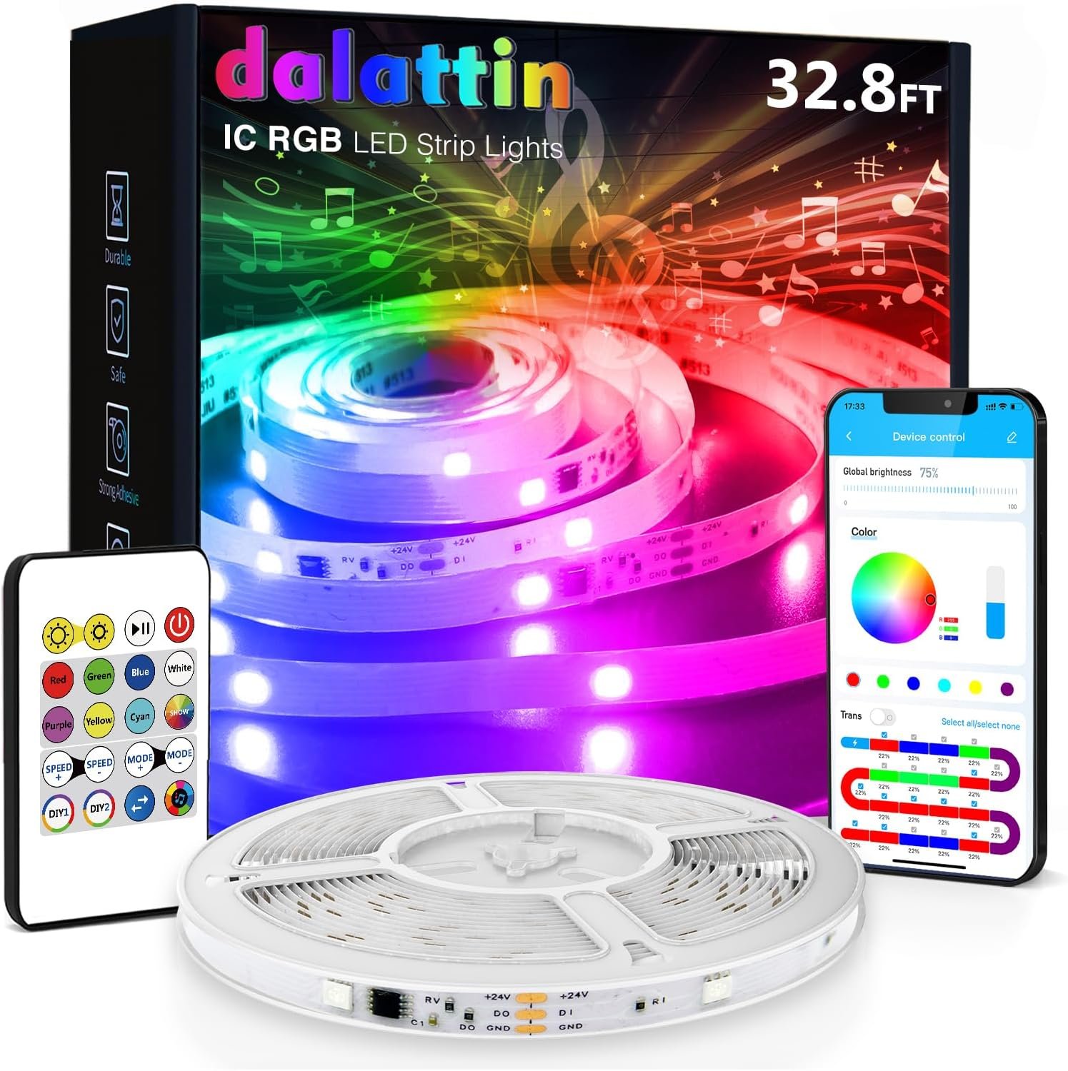 dalattin BGRIC Led Lights for Bedroom, 32.8ft 5050 LED Strip with DIY Multiple Colors on One Line, Work with Remote & App Control, Color Changing LED Lights Strip Music Sync for Chrismas and Holiday - Image 2