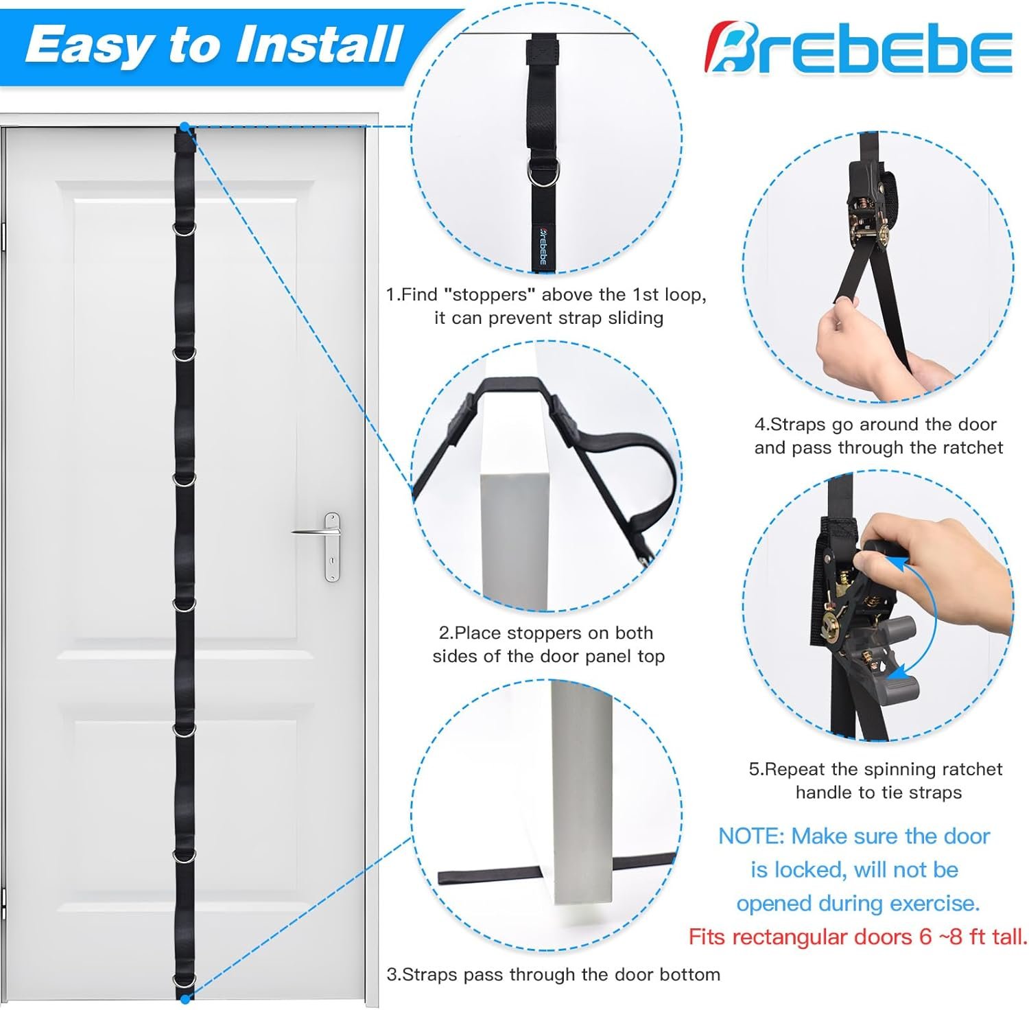 Brebebe Upgrade Door Anchor Strap for Resistance Bands Exercise, Multi Points Anchor Straps with 7 Loops+ 7 D rings, Home Gym Workout Equipments with Ratchet Adjust Tighten Straps Not loose, Sturdy - Image 7