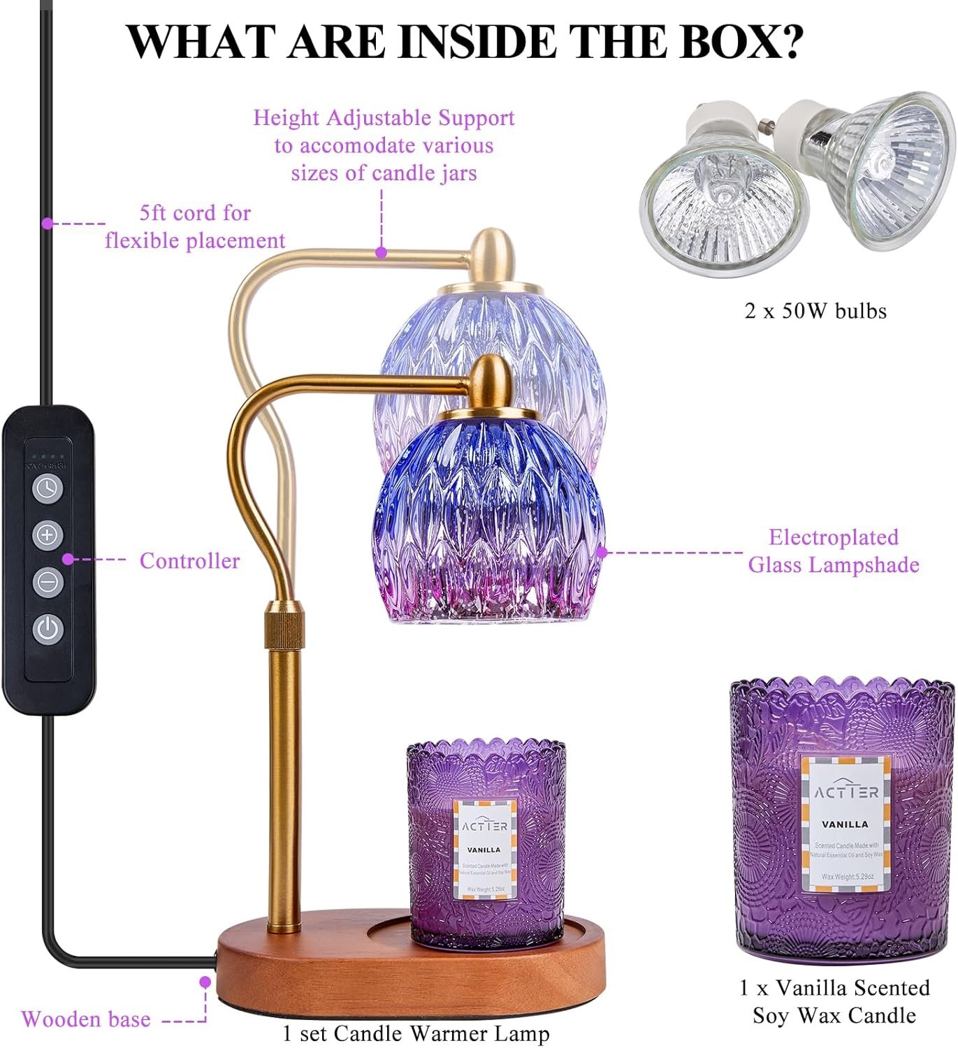Candle Warmer Lamp with Complimentary Scented Candle Jar, Height Adjustable with Timer & Dimmer, Compatible with Different Sizes of Aroma Candles, Room Decor and House Warming Gifts (Purple) - Image 3