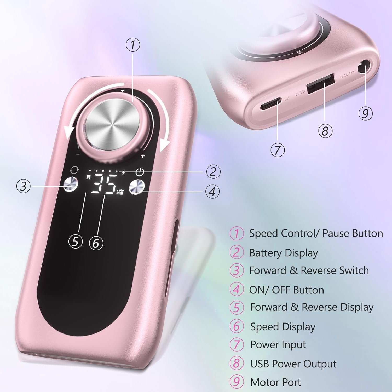 Rechargeable Nail Drill, 35000RPM Electric Nail File Machine Professional Acrylic Gel Nails Remover with Drill Bits, Portable Efiler Manicure Supplies for Polishing Grinding, Home Salon Use - Image 5