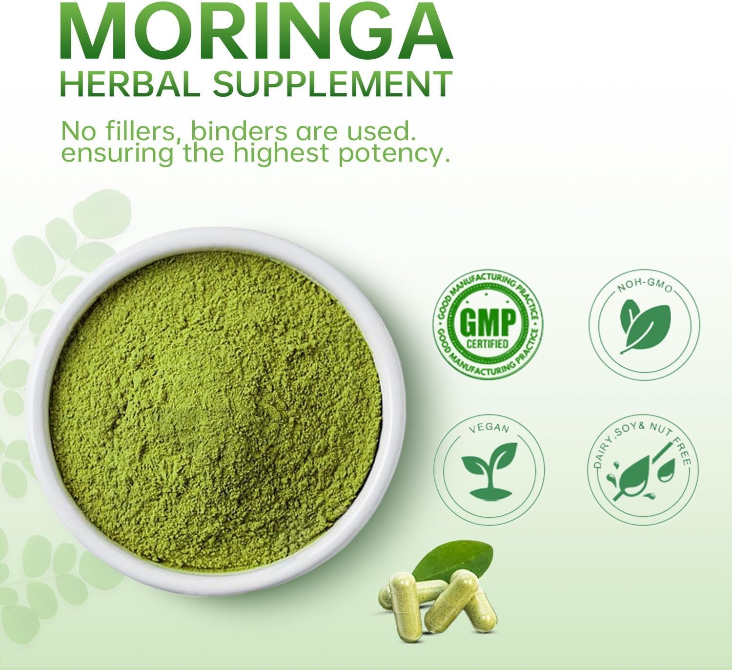 Moringa Powder Capsules Pure Nutrient Rich Moringa Powder Natural Green Antioxidant Superfood Supports Energy Skin Health Gut Health with Essential Vitamins and Amino Acids (Pack of 1) - Image 4