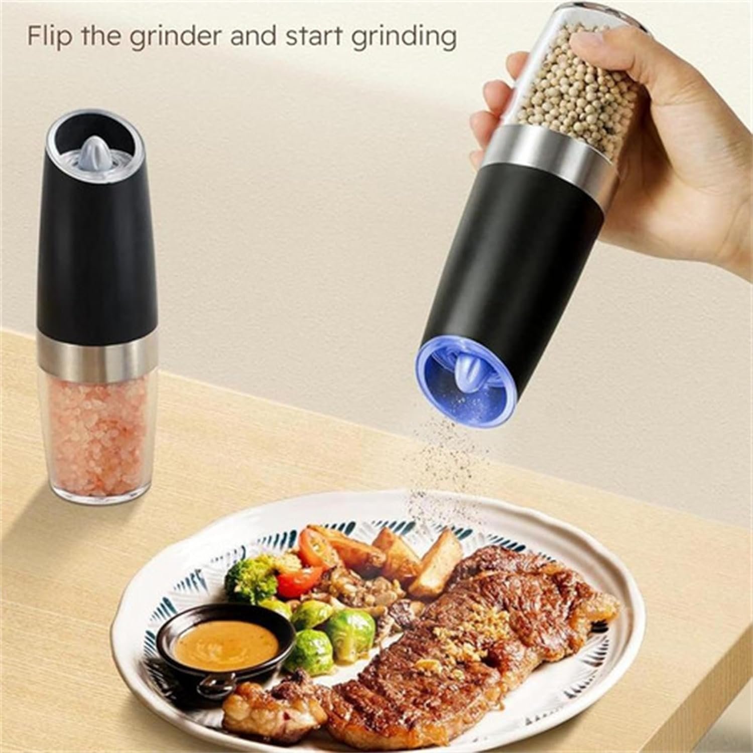 Gravity Electric Pepper and Salt Grinder Set, Adjustable Coarseness, Battery Powered with LED Light, One Hand Automatic Operation, Stainless Steel Black, Christmas Gift,2 Pack - Image 3