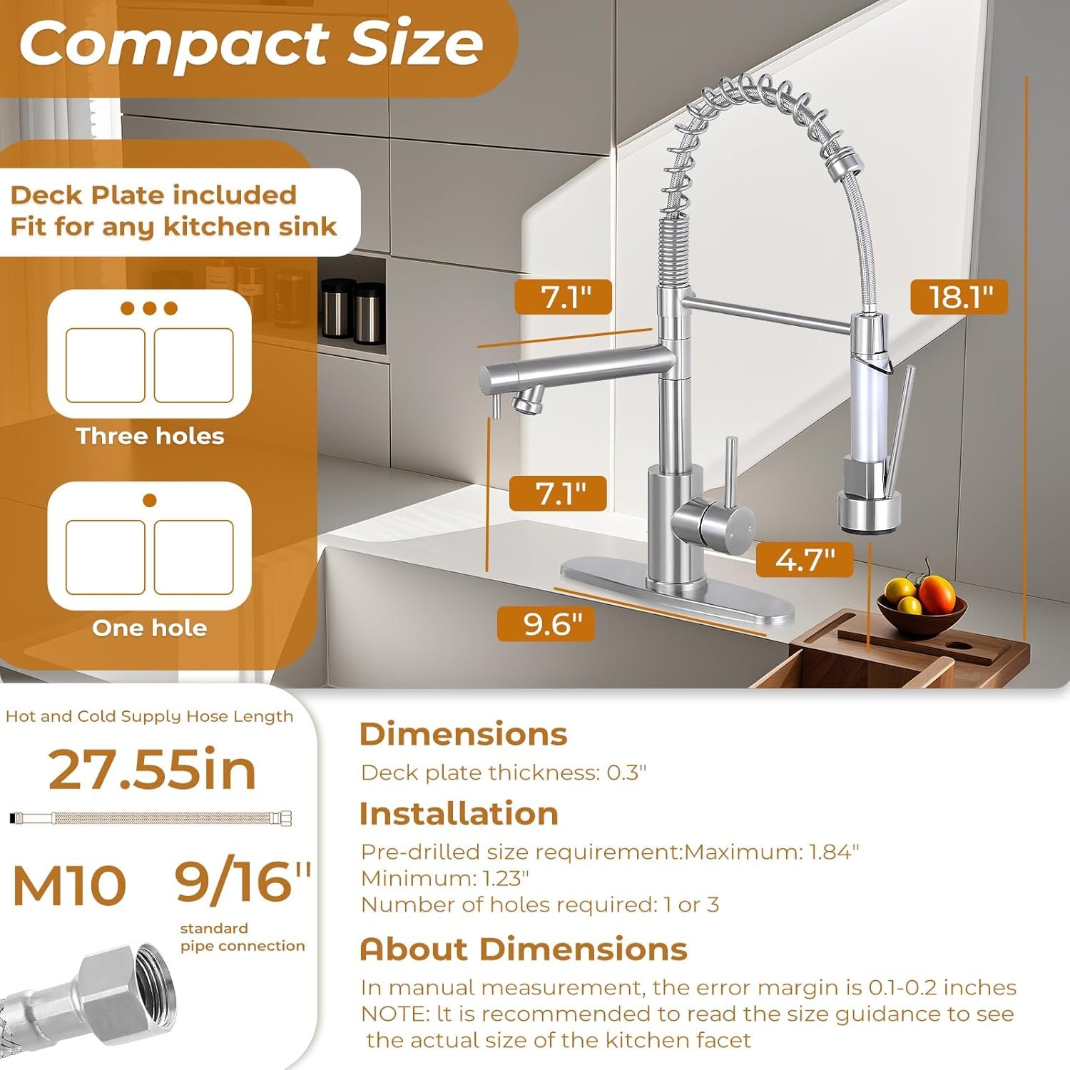 AKL Commercial Dual Spout Kitchen Faucet, Single Handle Spring Kitchen Faucets with Pull Down Sprayer, Stainless Steel Kitchen Sink Faucet with Deck Plate, Brushed Nickel - Image 6