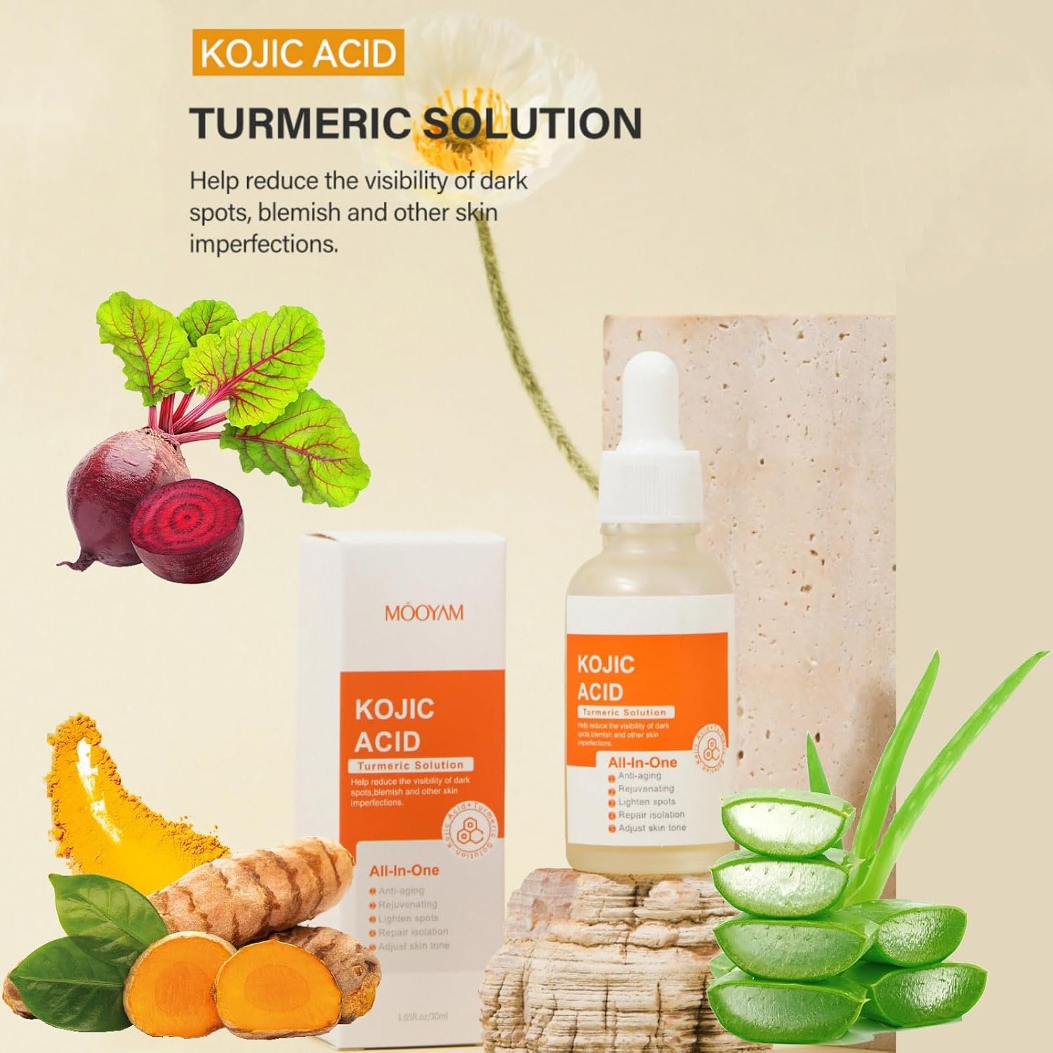 Kojic Acid Turmeric Serum, Hydrating Brightening Serum Dark Spots, Anti Wrinkle Fine Lines Dark Spot Corrector Nourishing Firming Daily Skin Care Serum, Hydrate Dull & Dry Skin 1.05 OZ - Image 8