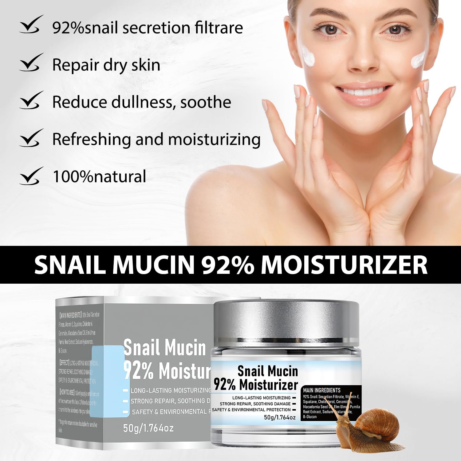 Snail Mucin 92% Moisturizer Daily Face Moisturizer,Hydrating Repair Face Gel Cream, Baba de Caracol Original, Advanced Snail 92 All In One Cream - Image 6