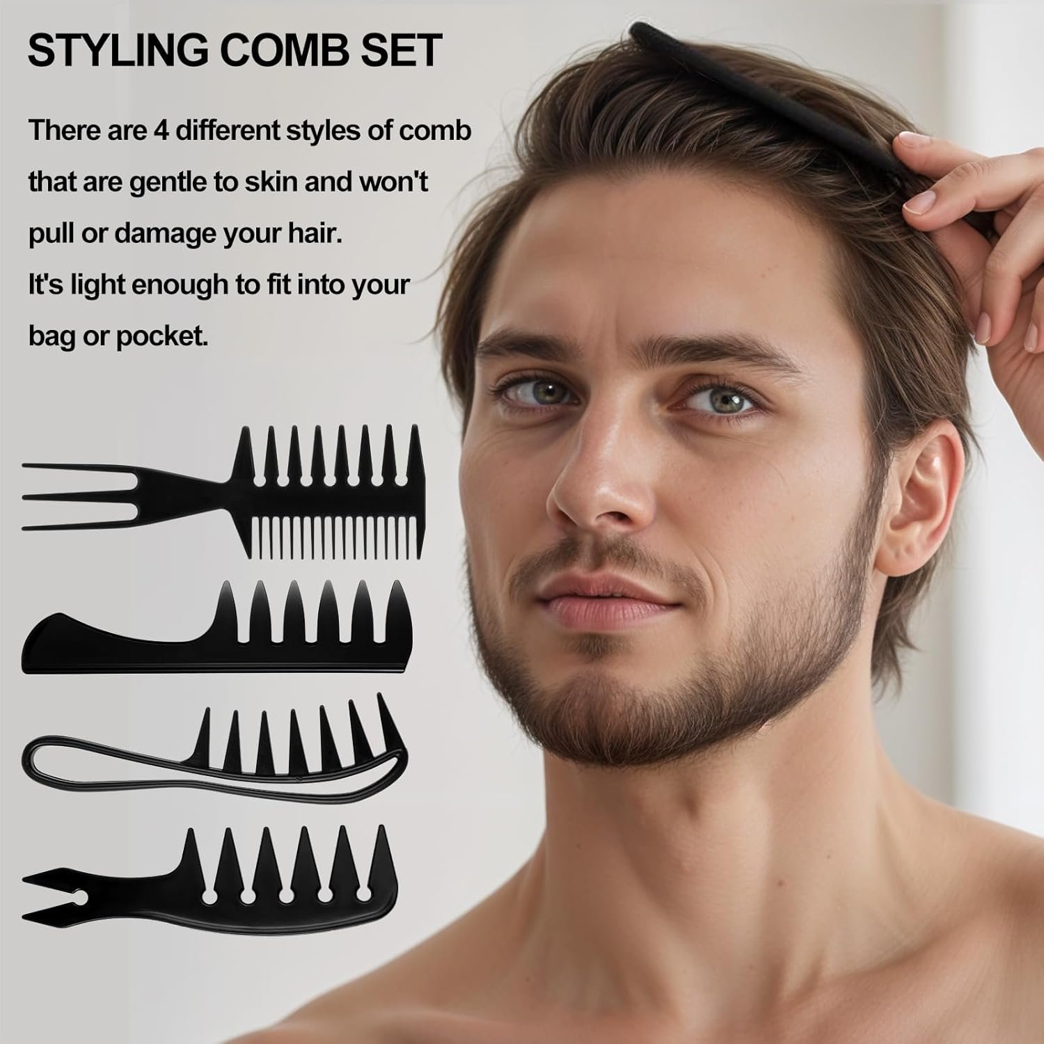 4Pcs Hair Comb Styling Set for Men, Wide Tooth Double Side Tail Combs, Professional Hair Brush Retro Hairdressing Hairstylist Tools, African American Hair Care Style Barber Accessories - Image 3