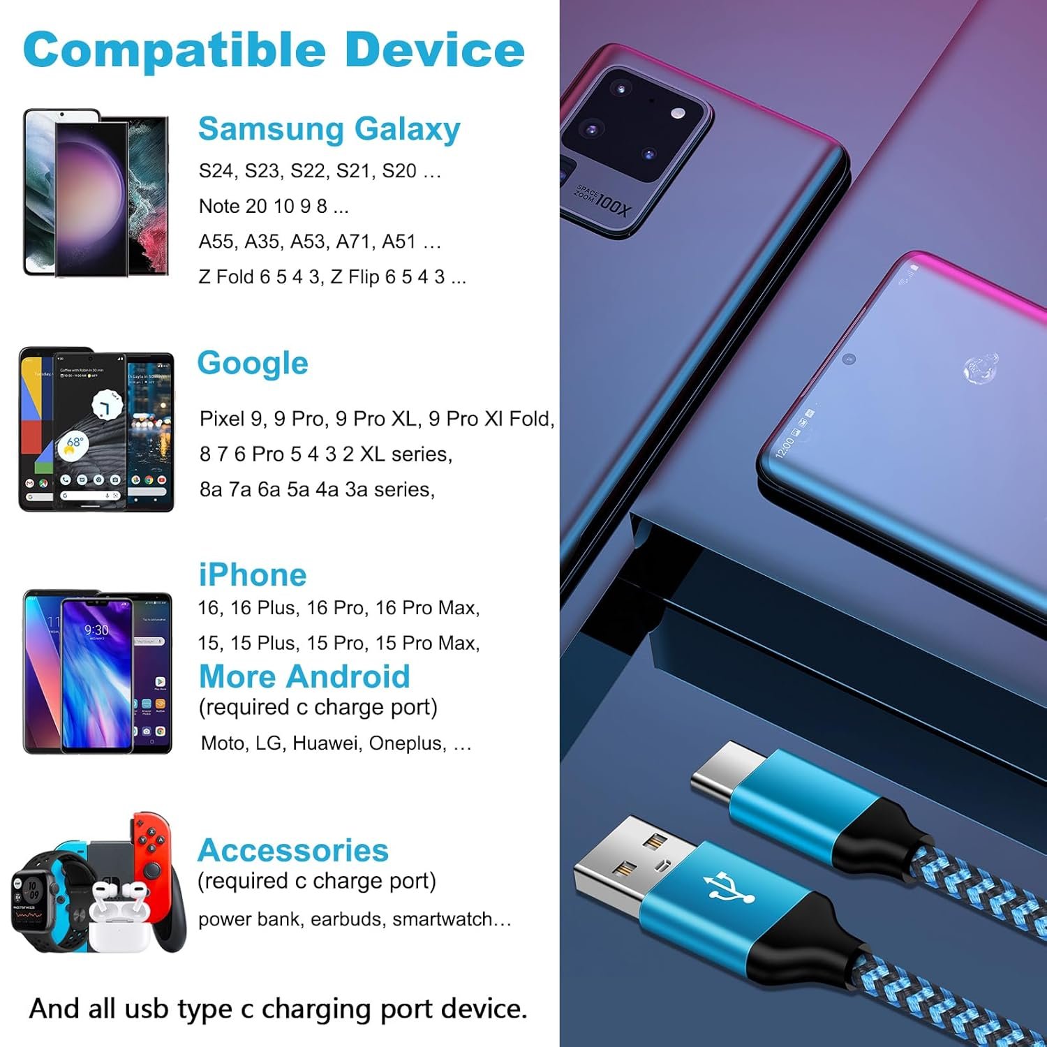 2Pack 6ft Fast Charging Cable for iPhone 16, 16 Pro Max, 16 Pro, 16 Plus, 15, 15 Pro Max Plus, Samsung Galaxy S24 Ultra Plus S23 S22 S21+ S20 FE 5G S10, USB A to Type C Cord Phone Charger - Image 8