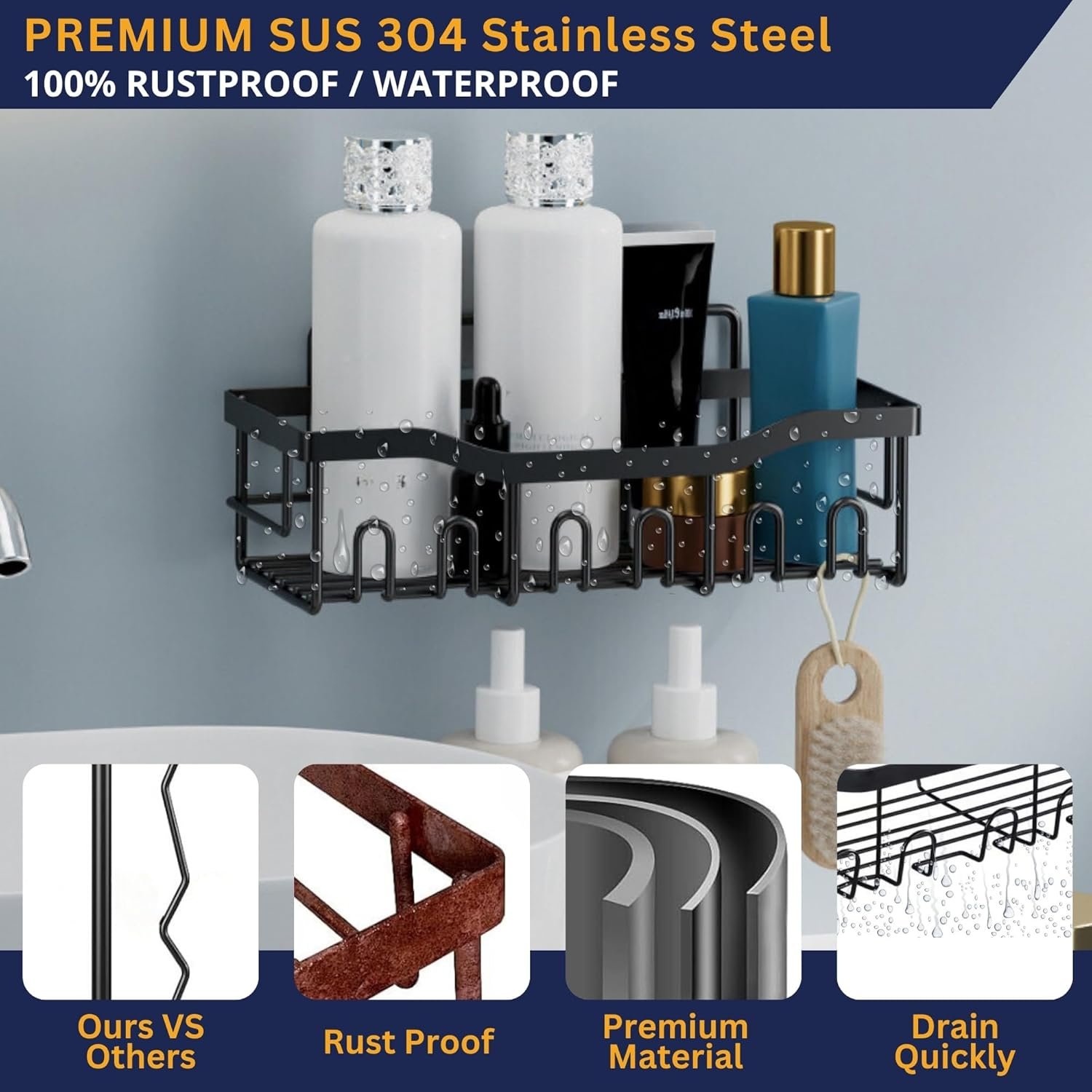 Rustproof Adhesive Shower Caddy Hanging Black 5-Pack No Drill Bathroom Organizer With 20 Hooks,Soap Holder,4 Snap Hooks-Stainless Steel Wall Mounted Storage For Kitchen & Home Decor - Image 4