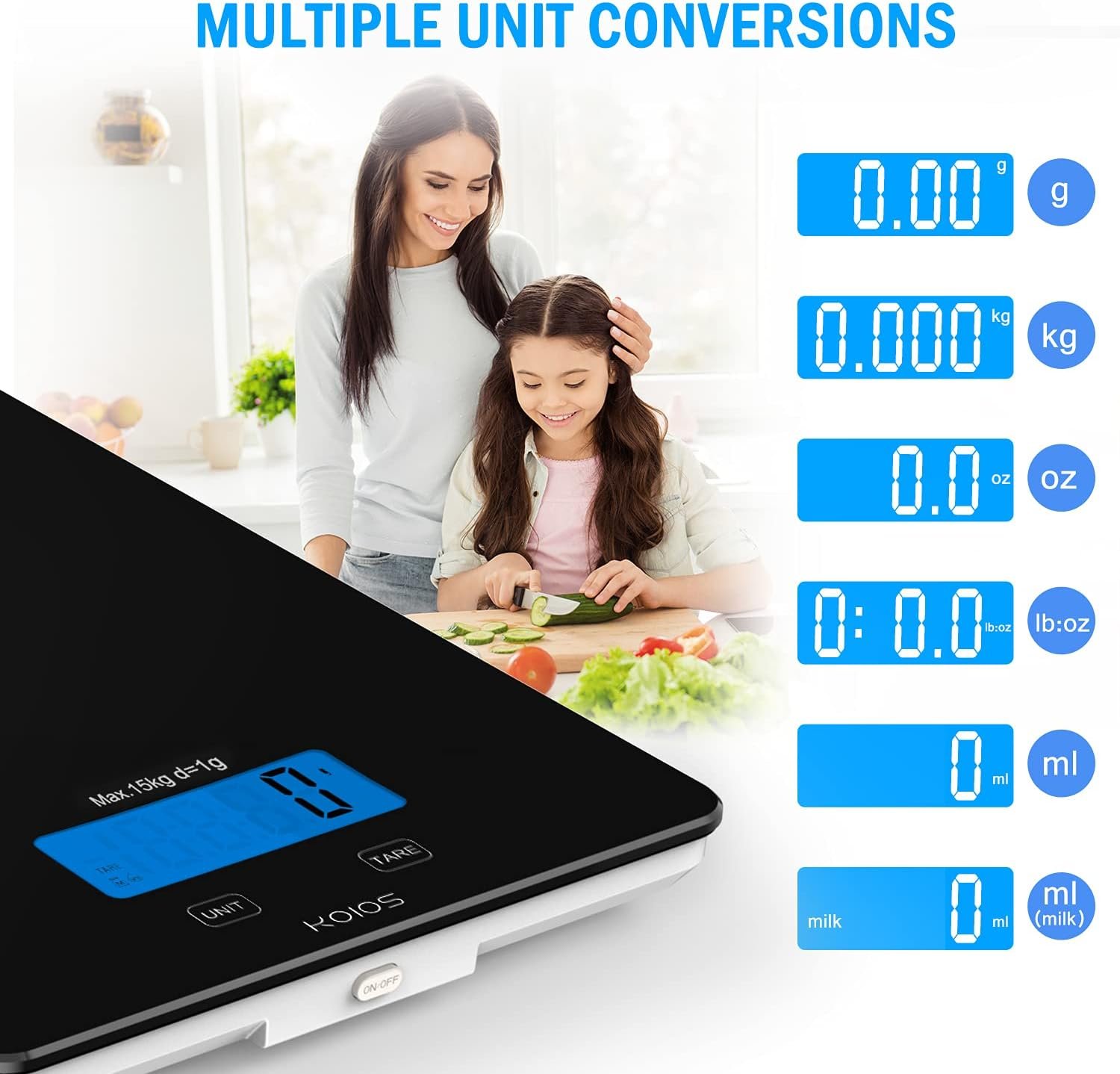 KOIOS Food Scale, 33lb/15Kg Digital Kitchen Scale for Food Ounces Grams Cooking Baking, 1g/0.1oz Precise Graduation, Waterproof Tempered Glass, USB Rechargeable, 6 Weight Units,No AAA Battery Included - Image 7