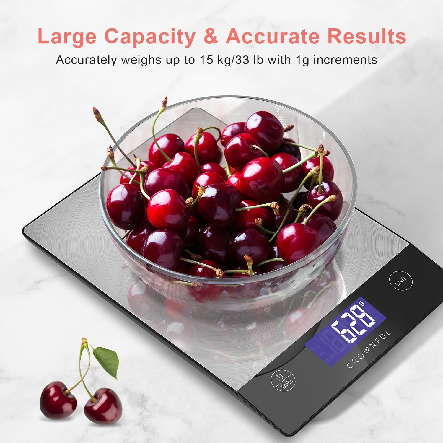 CROWNFUL Food Scale, Rechargeable 304 Stainless Steel Digital Kitchen Scale Upto 33lb Weight Grams and Ounces with LCD Display and Type-C Charging for Baking and Cooking - Image 5