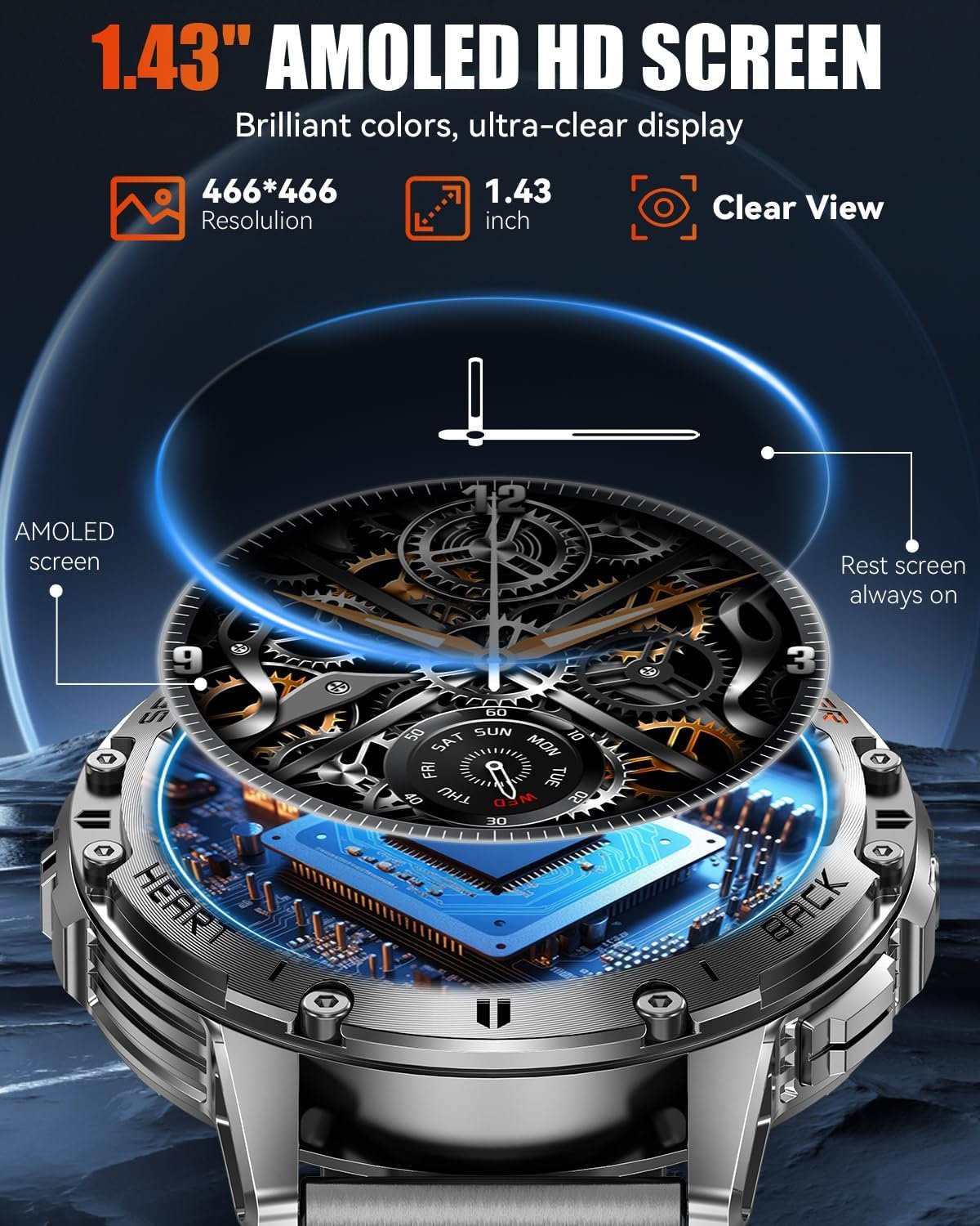 Military Smart Watches for Men with Bluetooth Call, 1.43" AMOLED Waterproof Smartwatch with Flashlight, 111 Sport Modes, 530mAh Heart Rate/SpO2/Sleep Monitor Fitness Tracker for Android iOS - Image 4