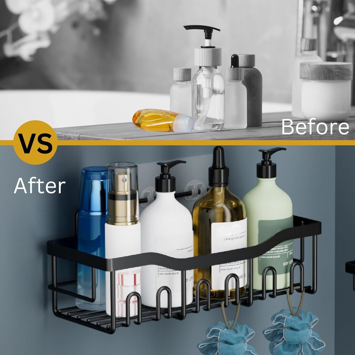 Rustproof Adhesive Shower Caddy Hanging Black 5-Pack No Drill Bathroom Organizer With 20 Hooks,Soap Holder,4 Snap Hooks-Stainless Steel Wall Mounted Storage For Kitchen & Home Decor - Image 3