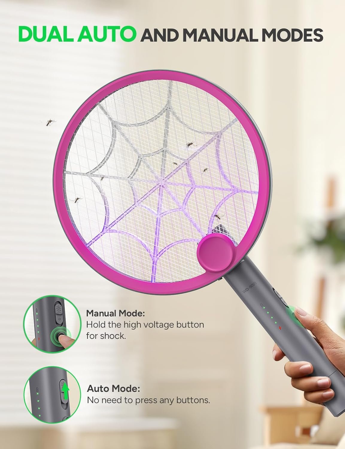 3800V Electric Fly Swatter, Dual Modes Bug Zapper Racket, 1500mAh Type-C Rechargeable Battery, Portable and Foldable Fly Zapper Racket, for Indoor Outdoor Home Patio Camping (Purple Gray) - Image 6