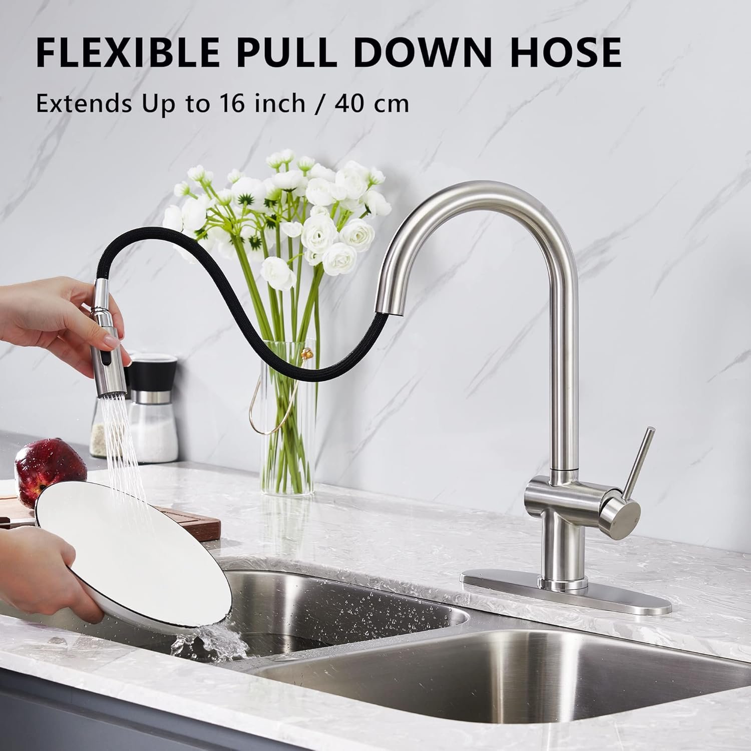 Kitchen Faucet with Pull Down Sprayer, Modern Stainless Steel Single Handle Kitchen Sink Faucet, Single Hole Kitchen Faucet with 10" Deck Plate (Brushed Nickel) - Image 3