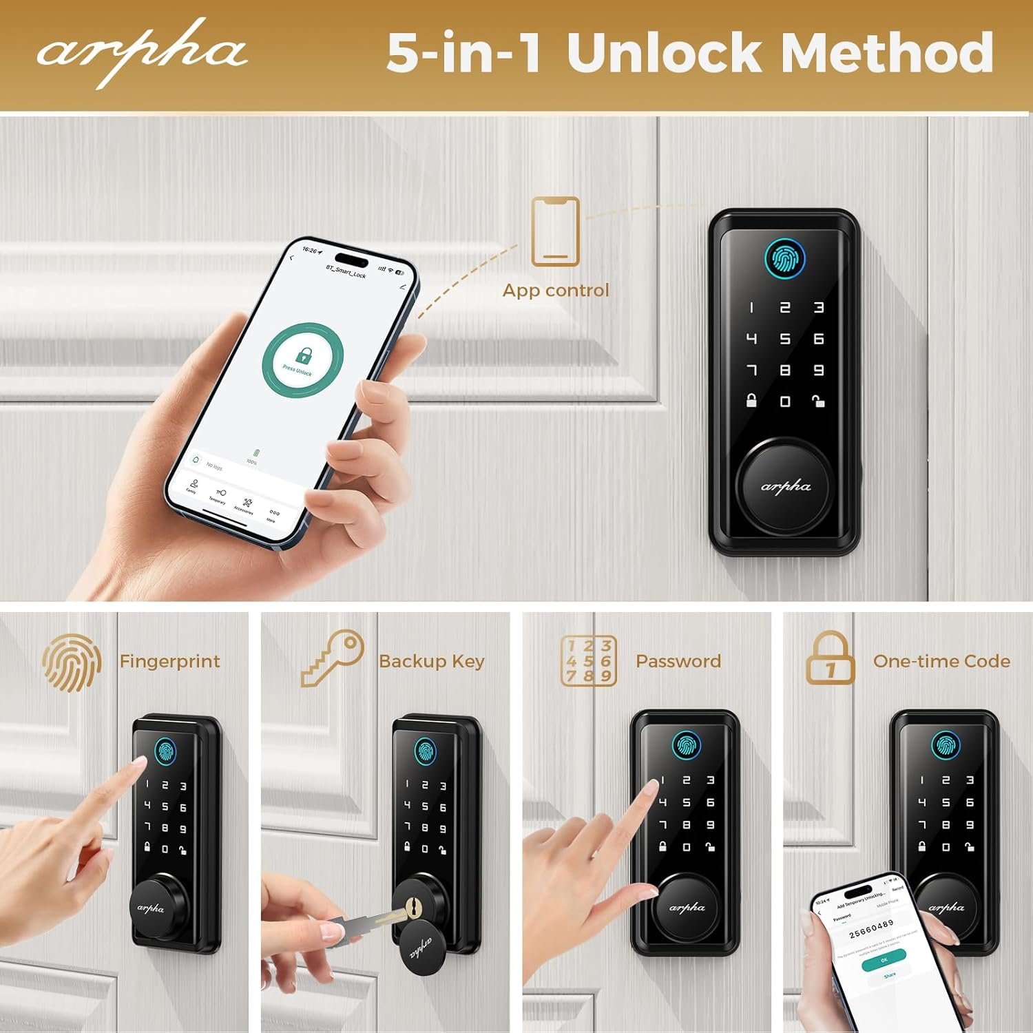 Fingerprint Door Lock • Keyless Entry Door Lock Deadbolt • Multiple Entry Methods – APP • Fingerprint Touch ID • Keypad Code • Traditional Key • Auto-Lock • IP54 Waterproof • Easy to Install, Black - Image 3