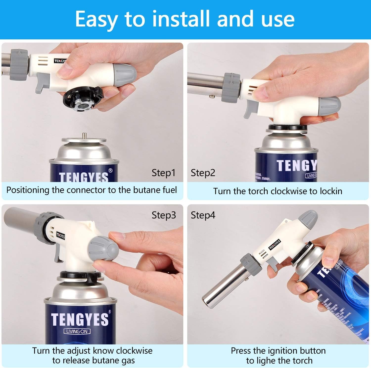 Blow Torch Kitchen Butane Lighter - Culinary Torch Chef Cooking Torch Professional Adjustable Flame with 360 Degree Inverted for Creme, Brulee, BBQ, Baking, Jewelry by TENGYES (Butane Not Included) - Image 4