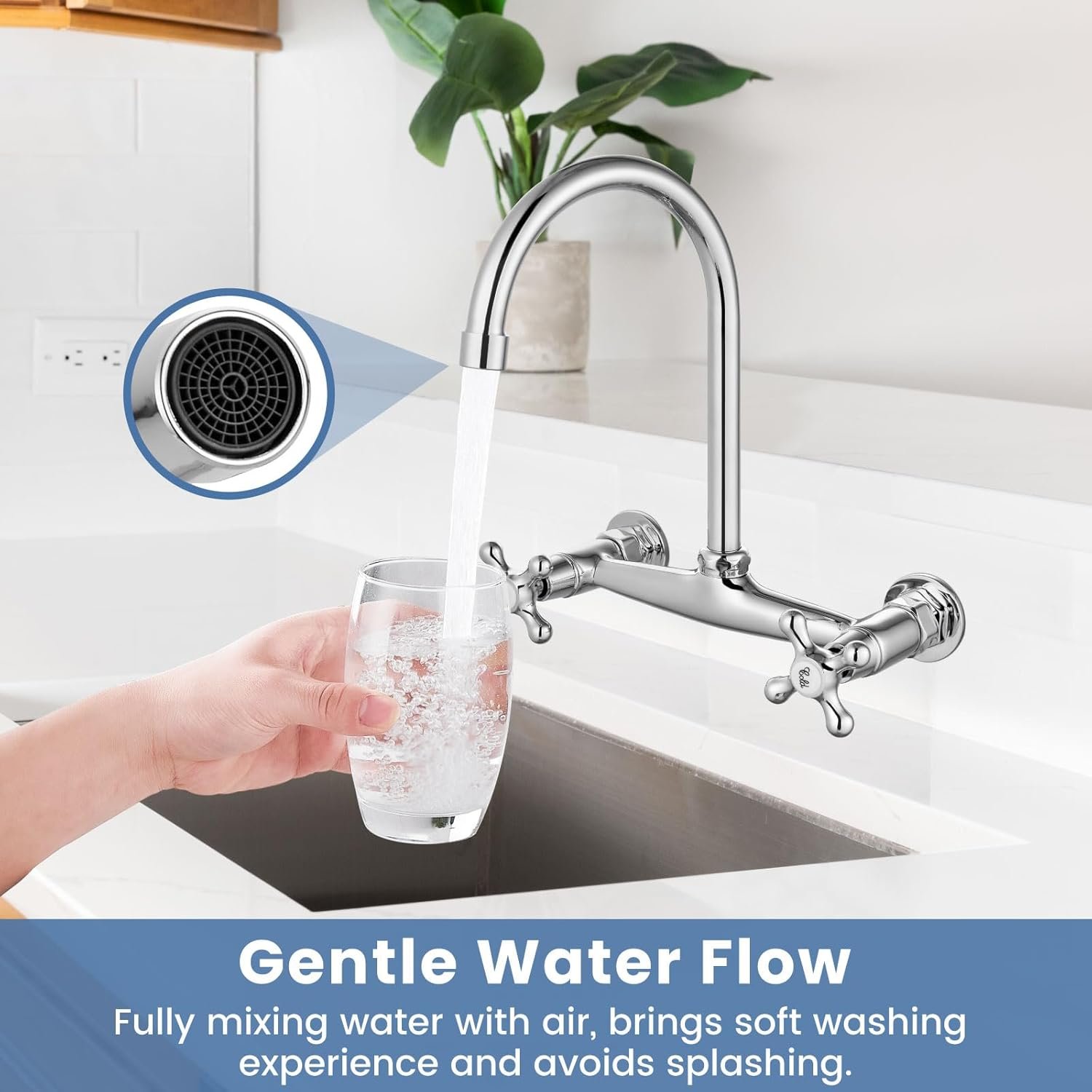 Airuida Chrome Polish Wall Mounted Kitchen Sink Faucet Wall Mounted Commercial Kitchen Faucet Wall Mount 8 Inches Center Faucet, 360 Degree Swivel Spout Mixer Laundry Restaurat Tap with Female Thread - Image 9