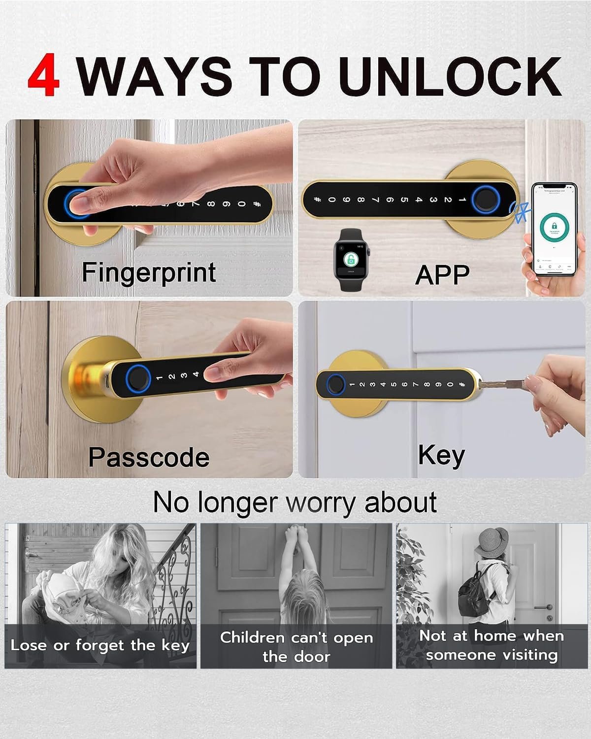 Fingerprint Handle Door Lock Smart Door Lock Levers eLinkSmart Digital Keyless Entry Door Knob Watch App Open Knob Lock for Bedroom Gold - Image 8