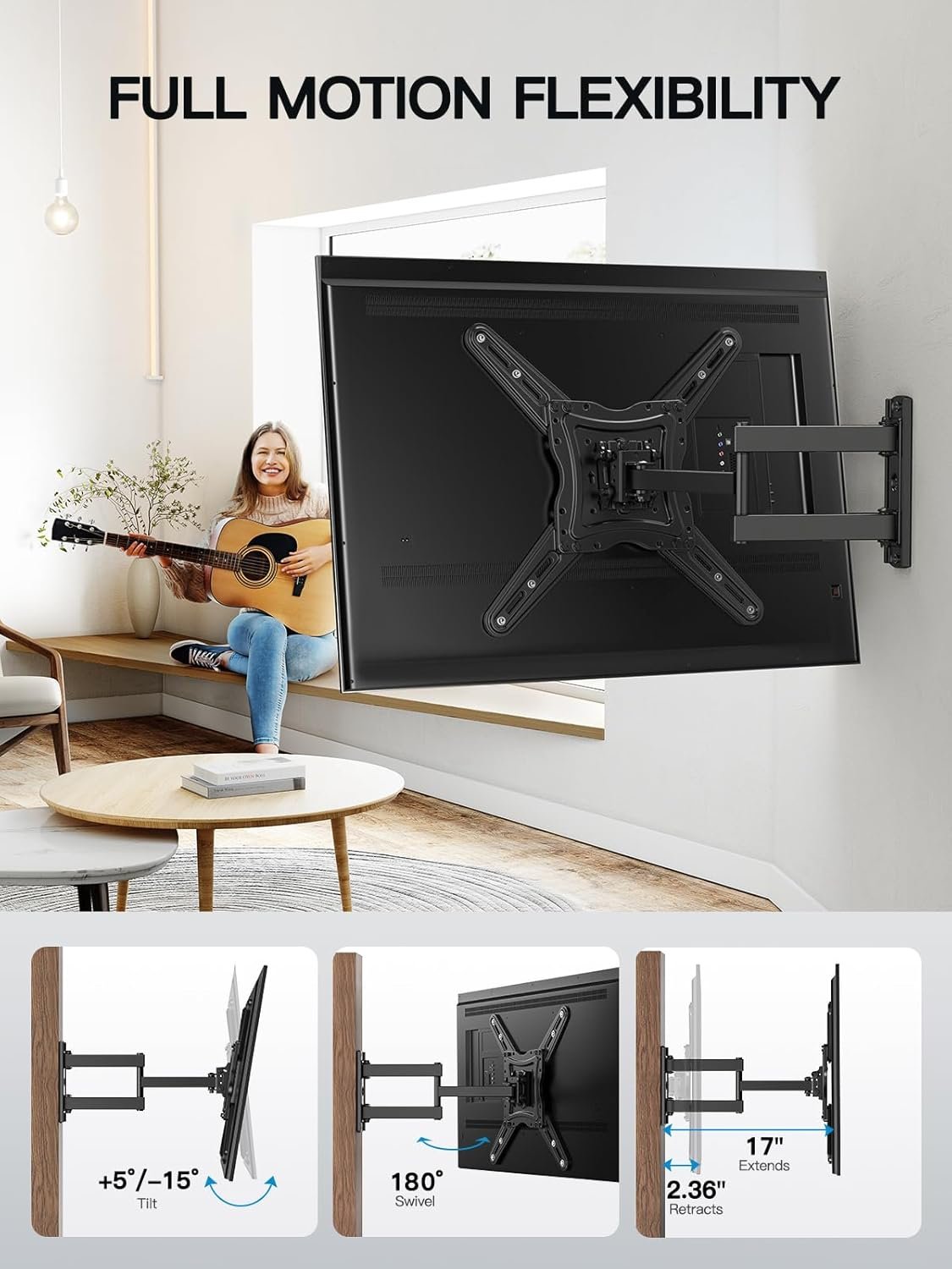 Pipishell Full Motion TV Wall Mount for 26-60 inch Flat or Curved TVs up to 77 lbs, TV Bracket Wall Mount with Articulating Arms, Extension, Tilt, Swivel, Leveling, Max VESA 400x400mm, PIMF7 - Image 7