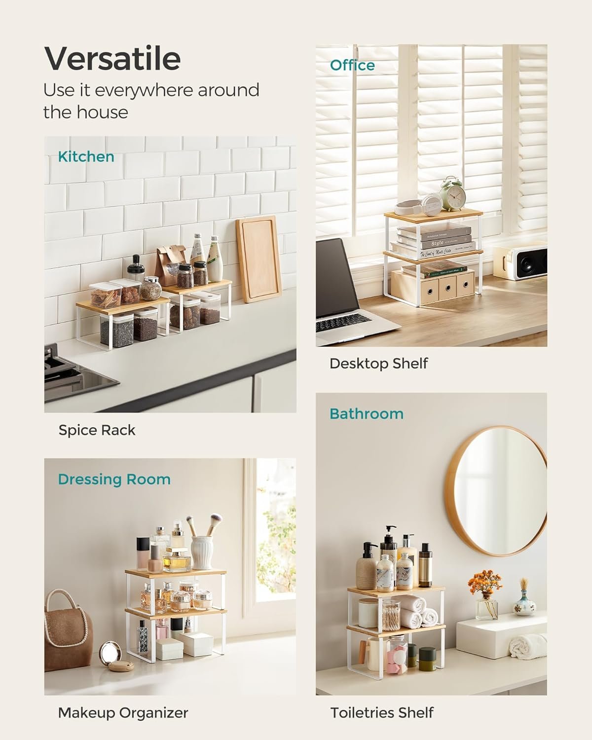 SONGMICS Cabinet Organizer Shelf, Set of 2 Kitchen Counter Shelves, Kitchen Storage, Spice Rack, Stackable, Expandable, Metal and Engineered Wood, Cloud White and Natural Beige UKCS02NW - Image 5