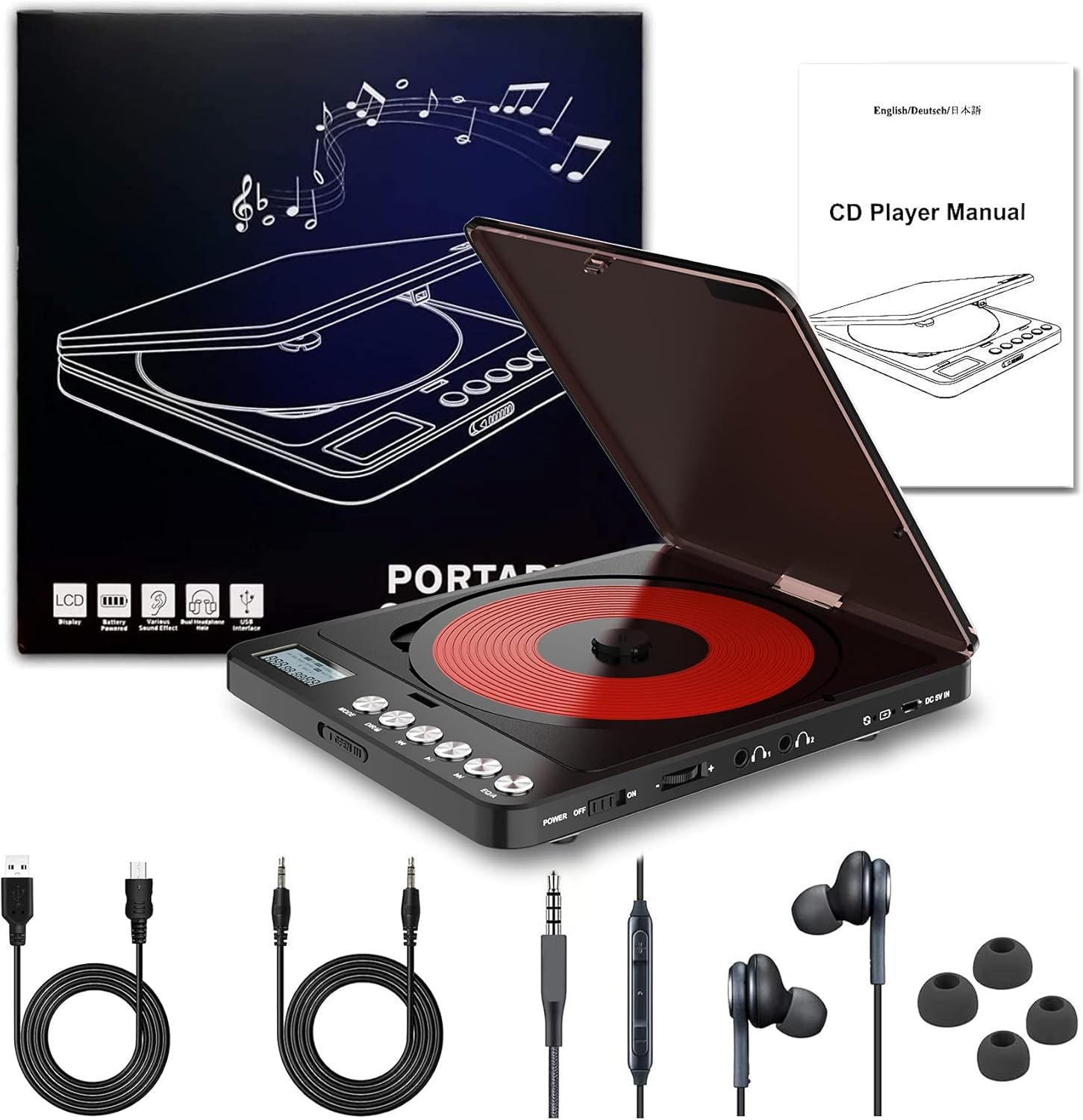 Portable CD Player with Built-in Speakers, MONODEAL Rechargeable CD Player for Car and Personal Use, Small Anti-Skip CD Player with Dual Headphone Jacks (Black) - Image 10