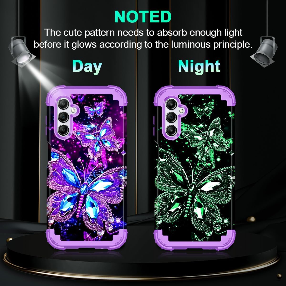 Miqala for Galaxy A14 5G Case,Glow in The Dark Three Layer Heavy Duty Shockproof Full Protection Hard Plastic Bumper+Soft Silicone Protective Case for Samsung Galaxy A14 5G 6.6 inch,Dark Butterfly - Image 3