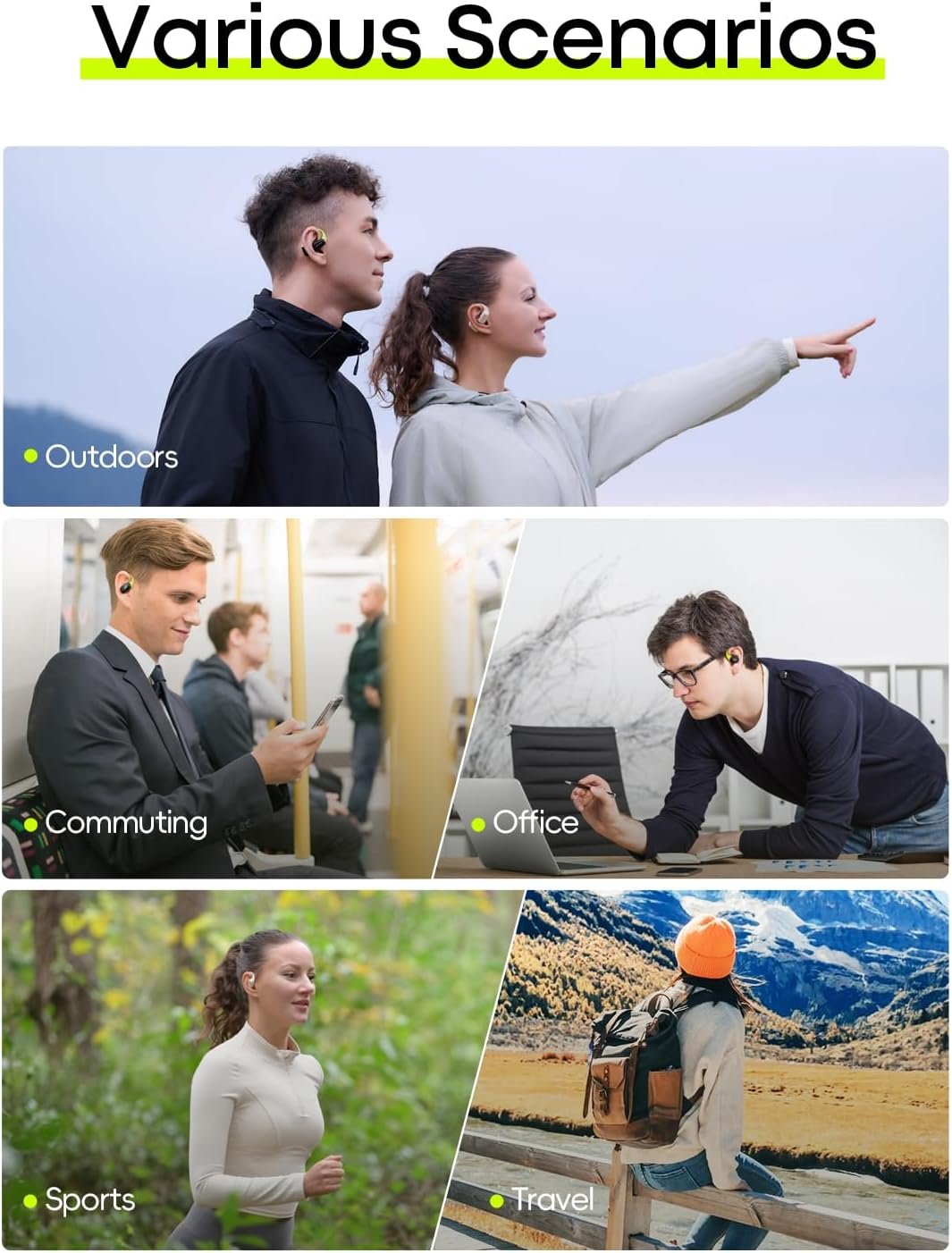 Langsdom Airfit Open Ear True Wireless Earbuds Bluetooth Headphones, Water Resistants, Ultra-Light, Premium Deep Bass with 24Hrs Play time, Ergonomic Design Secure fit for Worksout & Running, Green - Image 9