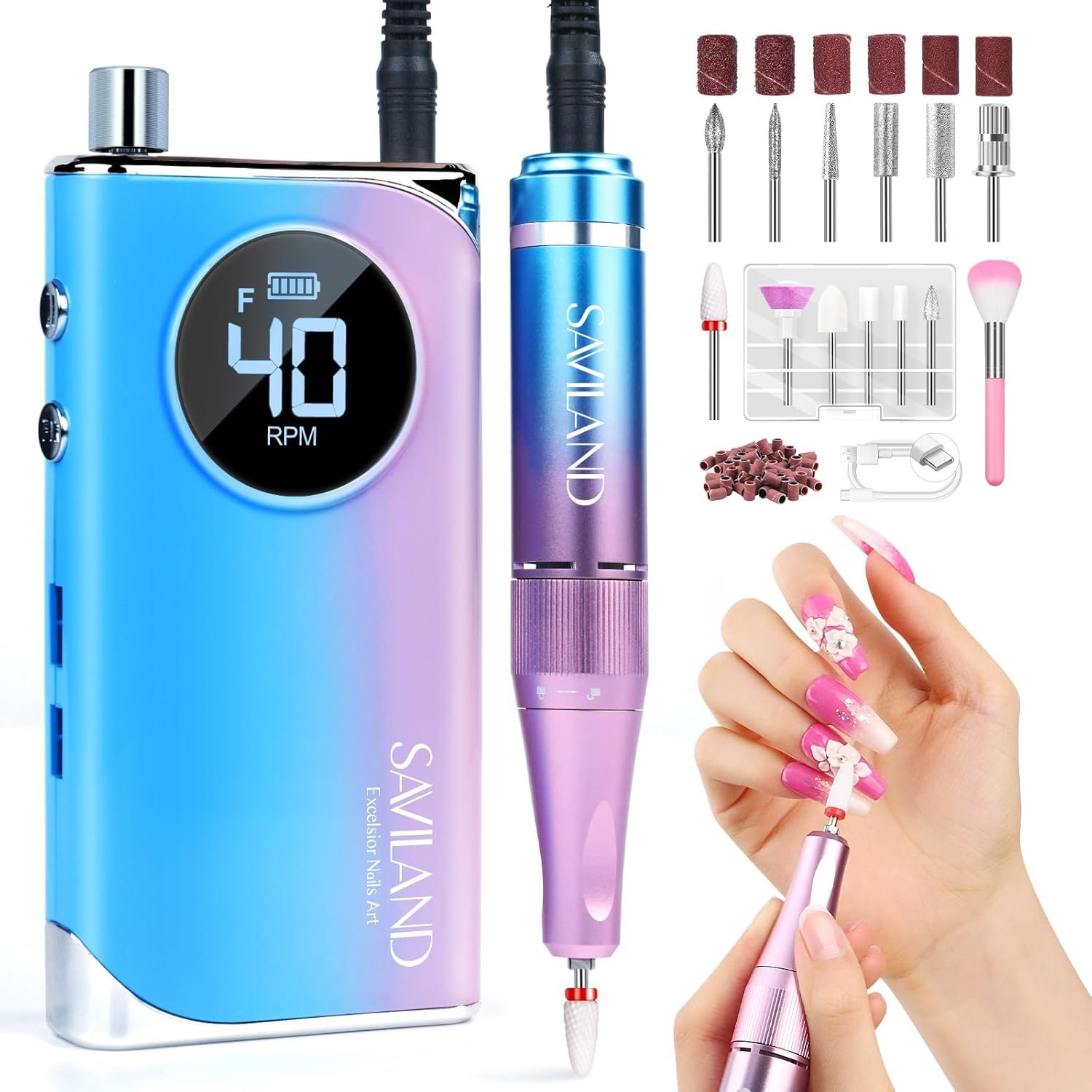 SAVILAND Electric Nail Drill Professional: 40000RPM Powerful Electric Nail File Portable Nail Drill with 12 Drill Bits Rechargeable Efile for Acrylic Gel Nails Removing Manicure Pedicure Salon - Image 10