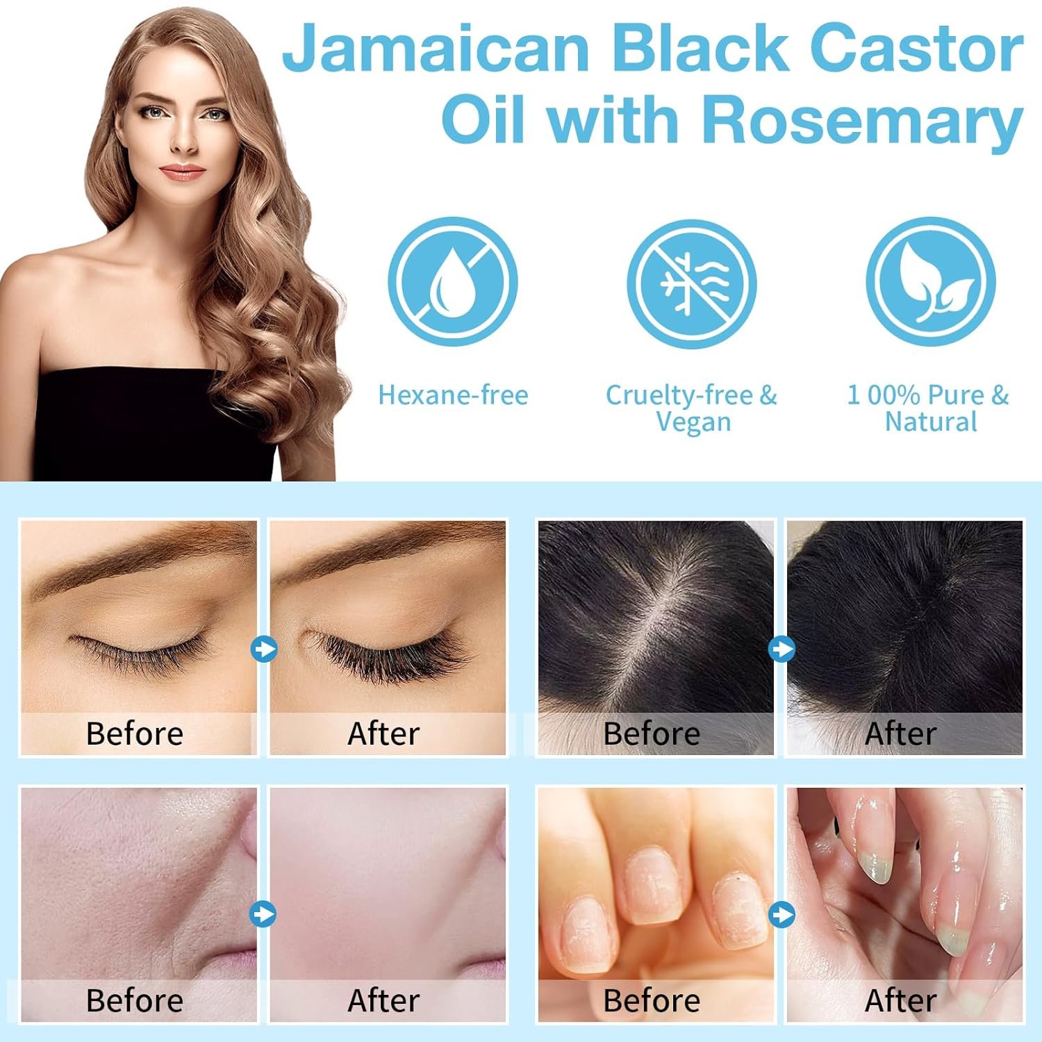 NIFEISHI Organic Castor Oil, 2pcs Pure Natural Jamaican Black Castor Oil Infused with Rosemary, Cold Pressed Glass Bottles, Boost Hair Growth for Thicker, Fuller Hair, Eyelashes & Eyebrows 2.02 fl oz - Image 6