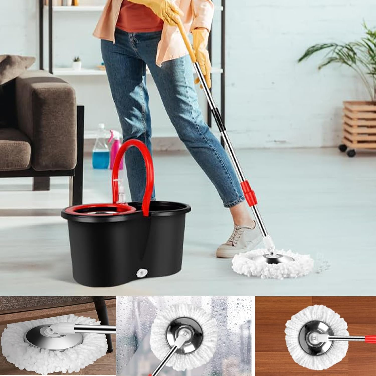 Spin Mop and Bucket with Wringer Set, 360° Spinning Mop Bucket System with 3 Microfiber Mop Replacement Heads Refills, 61" Stainless Steel Extended Handle for Floor Cleaning Home Office(20QT) - Image 6