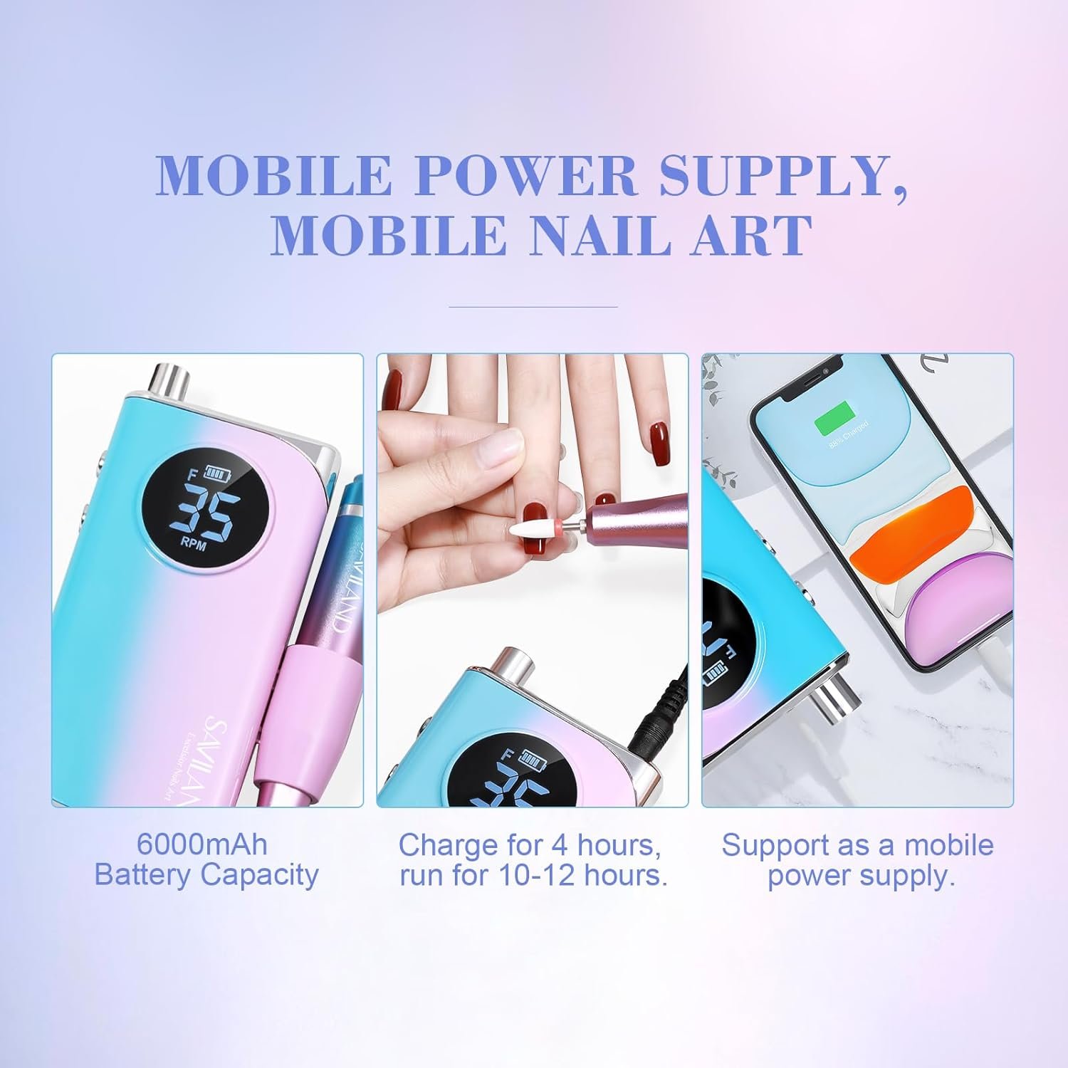 SAVILAND Electric Nail Drill Professional: 40000RPM Powerful Electric Nail File Portable Nail Drill with 12 Drill Bits Rechargeable Efile for Acrylic Gel Nails Removing Manicure Pedicure Salon - Image 6