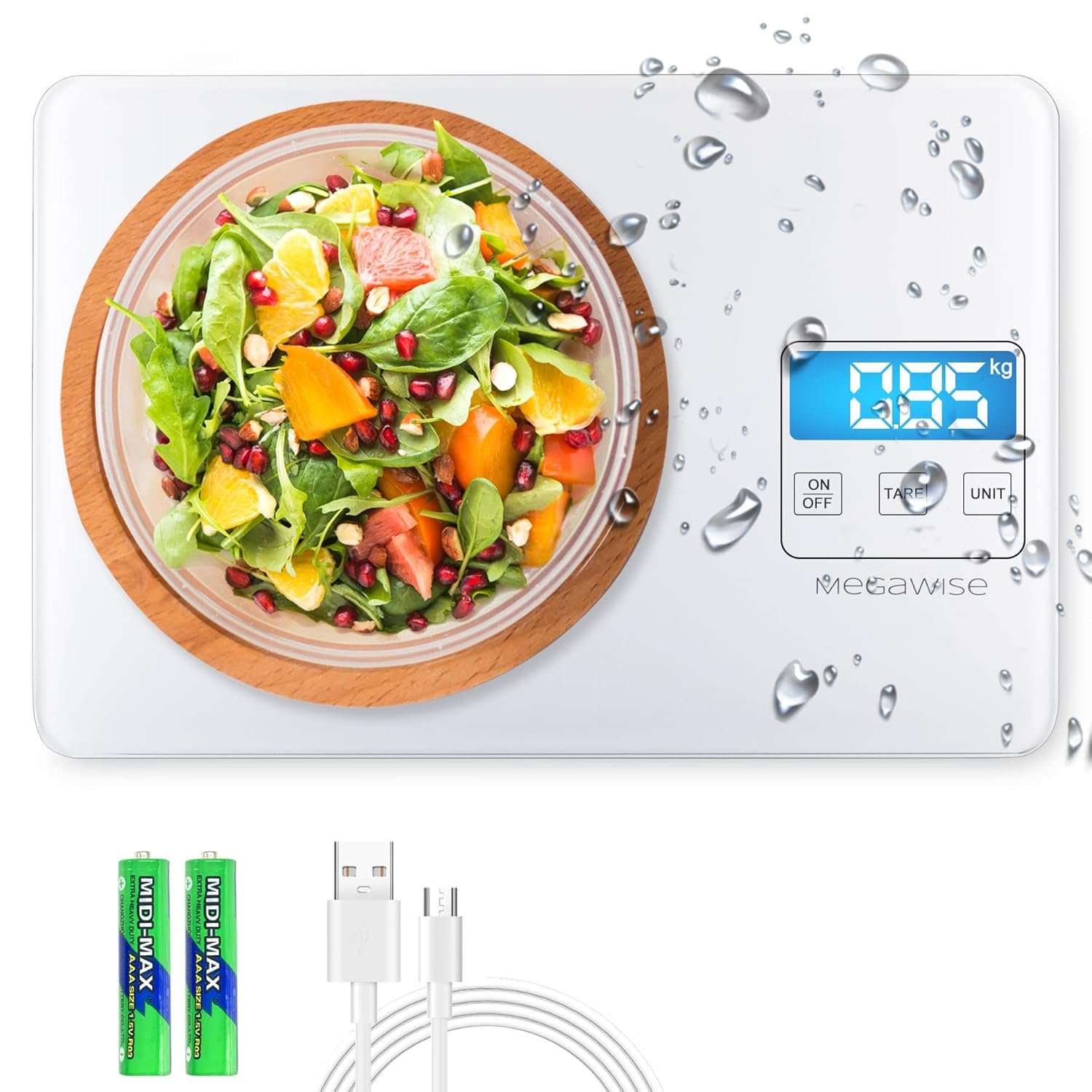 MegaWise Precision Food Scale, 33lb Waterproof Rechargeable Digital Kitchen Scale, 1g/0.04oz Precise Graduation, Weight Grams and Ounces for Cooking Baking, 5 Units Conversion, Tare Function - Image 2