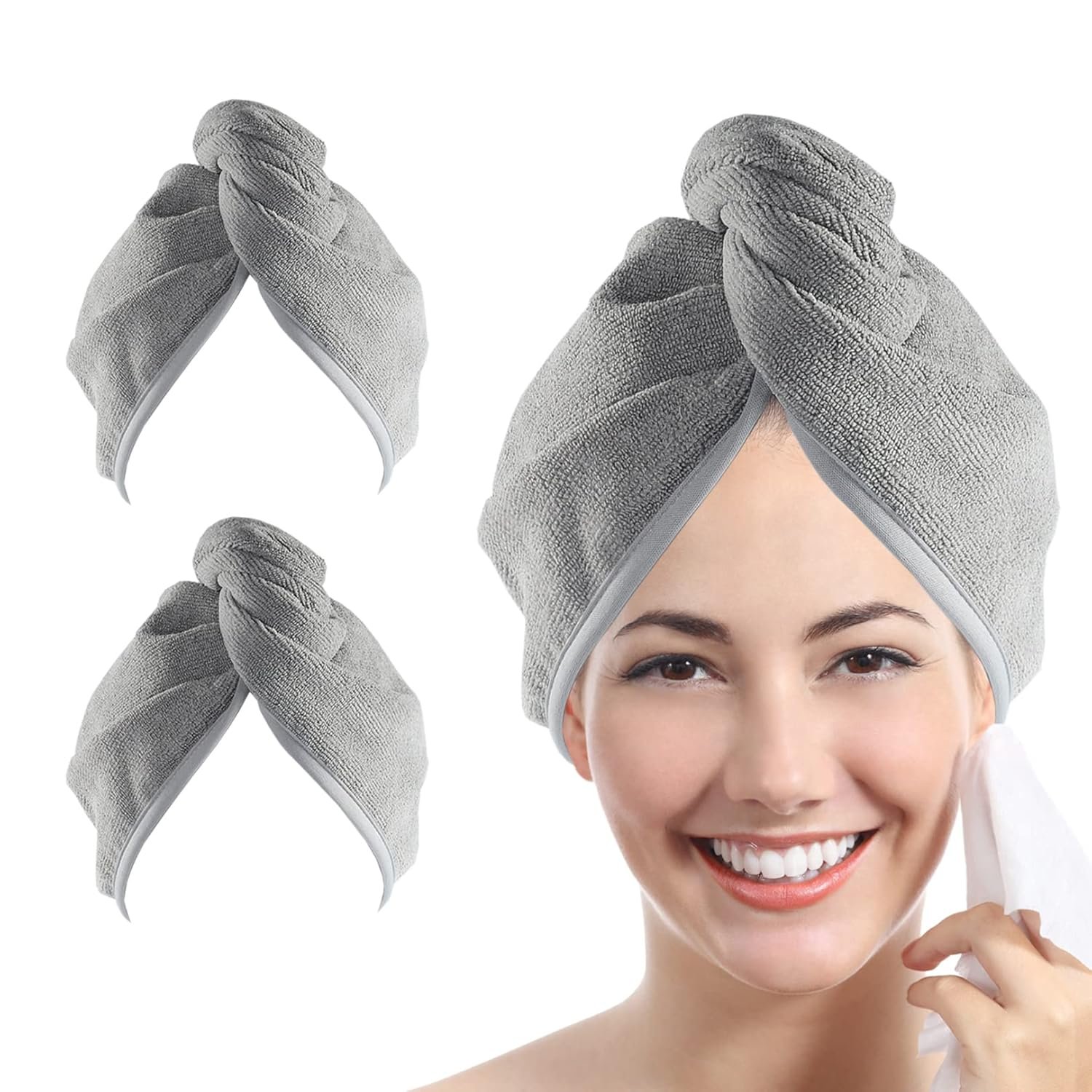YoulerTex Ultra Plush Microfiber Hair Towel Wrap for Women, 2 Pack 10 inch X 26inch Purple, Ultra Absorbent Twist Hair Turban Drying Cap Hair Wrap, for Drying Curly, Long & Thick Hair (Gray) - Image 2