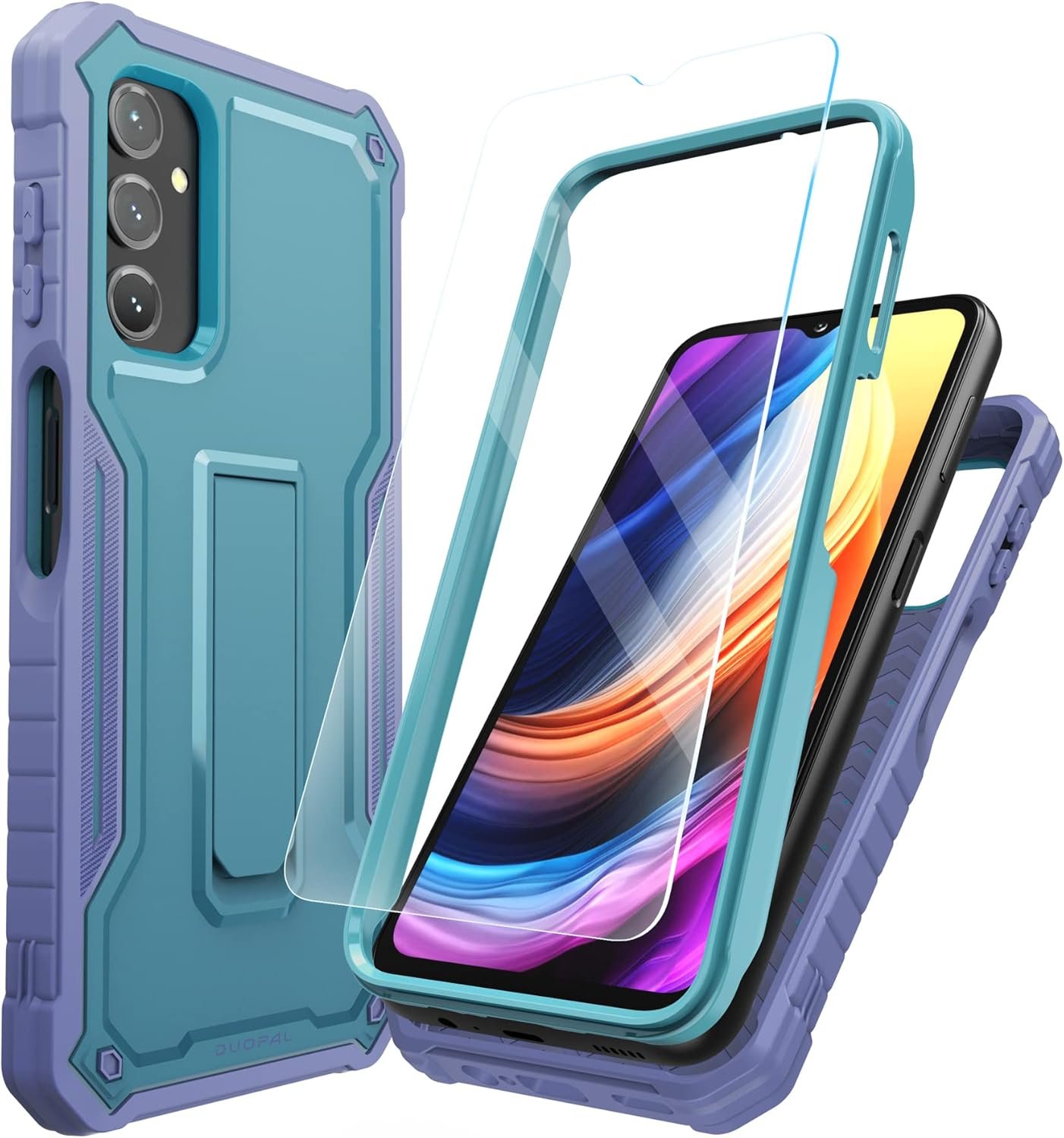 DUOPAL for Samsung Galaxy A14 Case, Military Grade Protection Shockproof Case with Tempered Glass HD Screen Protector and Kickstand Compatible with Galaxy A14 Phone 6.8 Inch (Purple Blue) - Image 2