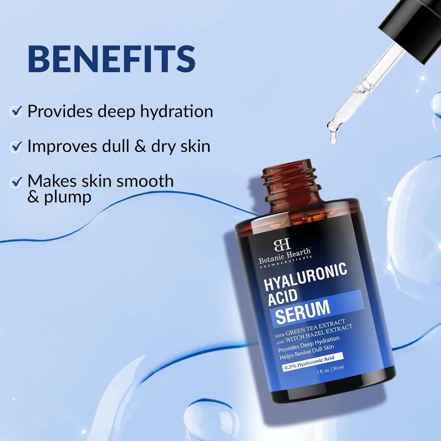 Botanic Hearth 0.5% Hyaluronic Acid Serum for Face with 2% Niacinamide, Witch Hazel & Green Tea Extracts | Hydrating & Moisturizing | Helps Reduce Wrinkles & Fine Lines | All Skin Types | 1fl oz - Image 5