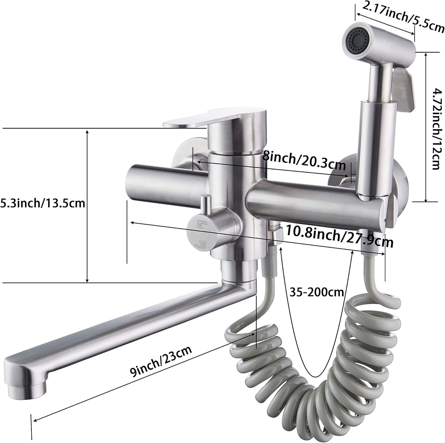 Wall Mounted Faucet Kitchen, 8 inch 360° rotatable Kitchen Faucet, with Heat-Resistant Spray Gun Easy Installation Wall Mount Kitchen Faucet,spout Length 23cm, Brushed Nickel - Image 7