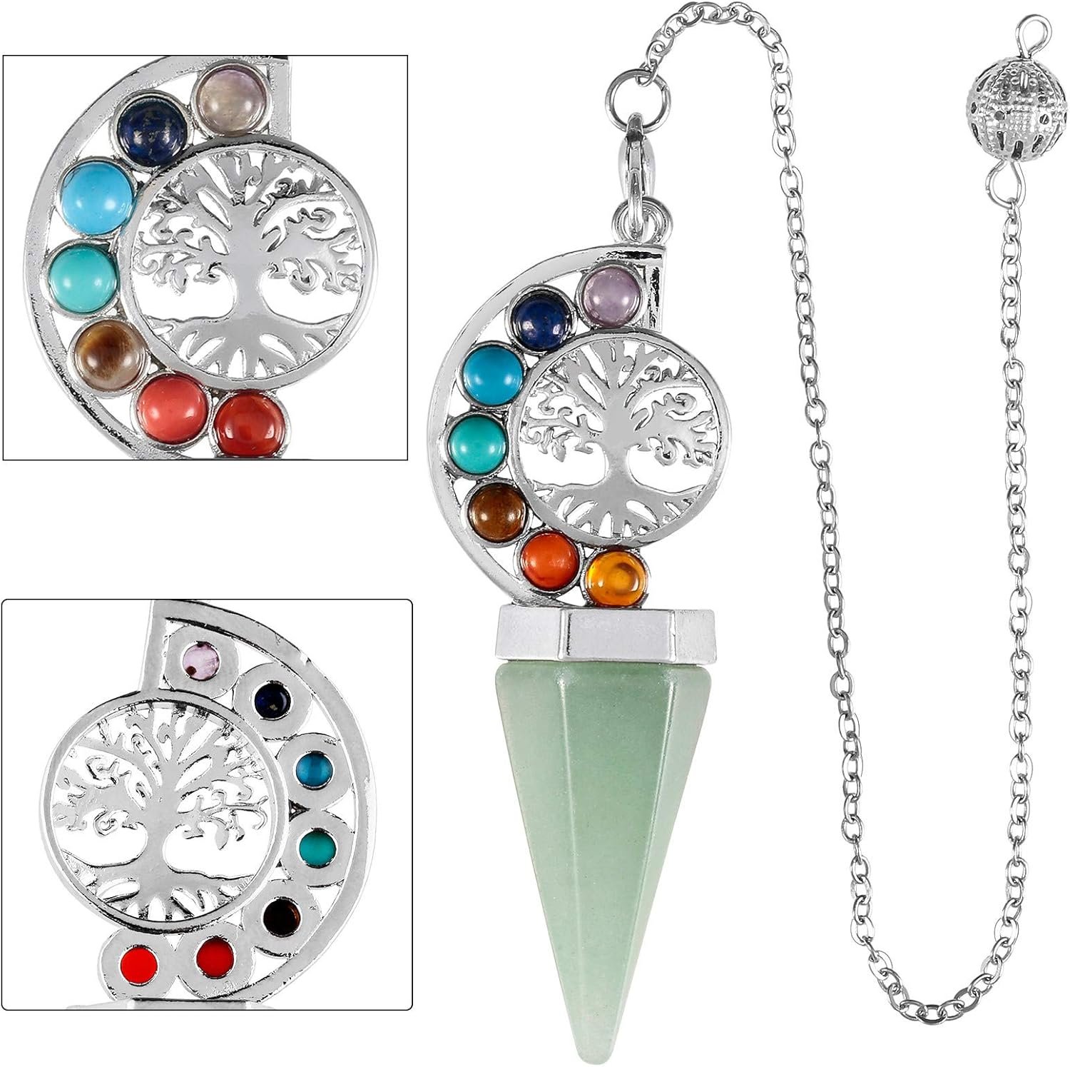 SUNYIK 7 Chakra Tree of Life Crystal Pointed Pendulum, Facted Healing Crystal Stone Pendulum for Dowsing and Divination, Green Aventurine - Image 4
