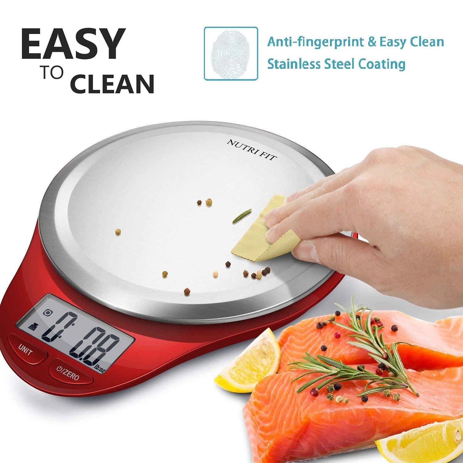 NUTRI FIT Digital Kitchen Scale with Wide Stainless Steel Plateform High Accuracy Multifunction Food Scale with LCD Display for Baking Kitchen Cooking,Tare & Auto Off Function (Red) - Image 6