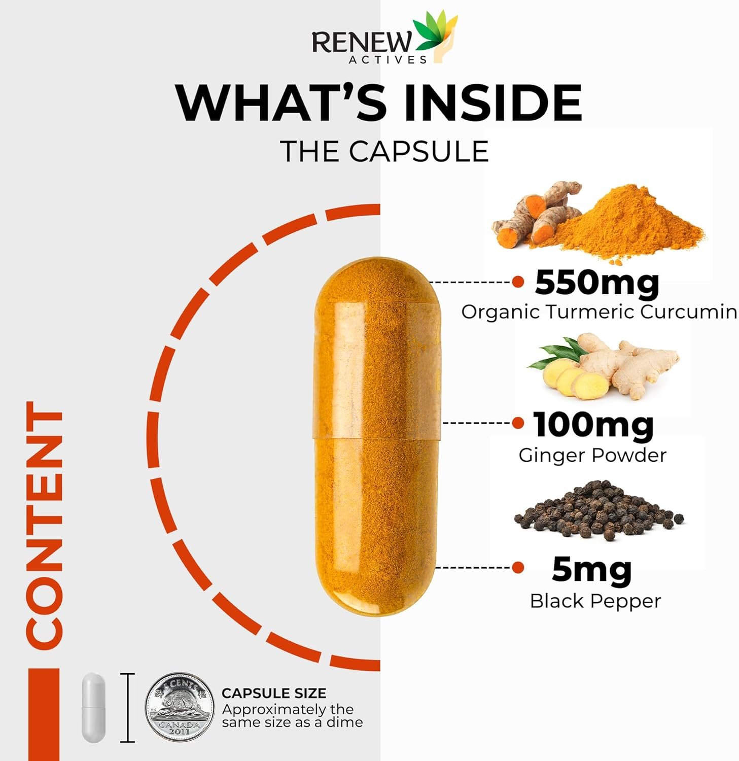 Renew Actives Ginger Turmeric Curcumin Capsules - Potent Antioxidant with Bioperine & Black Pepper Blend for Digestive & Liver Health - Easy-to-Swallow Capsules - 60 Vegan Capsules - Image 3