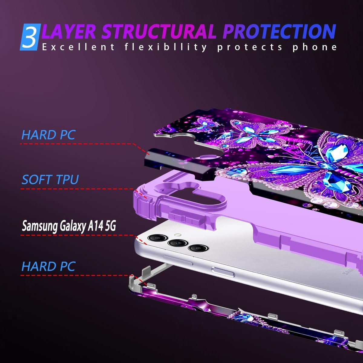 Miqala for Galaxy A14 5G Case,Glow in The Dark Three Layer Heavy Duty Shockproof Full Protection Hard Plastic Bumper+Soft Silicone Protective Case for Samsung Galaxy A14 5G 6.6 inch,Dark Butterfly - Image 4