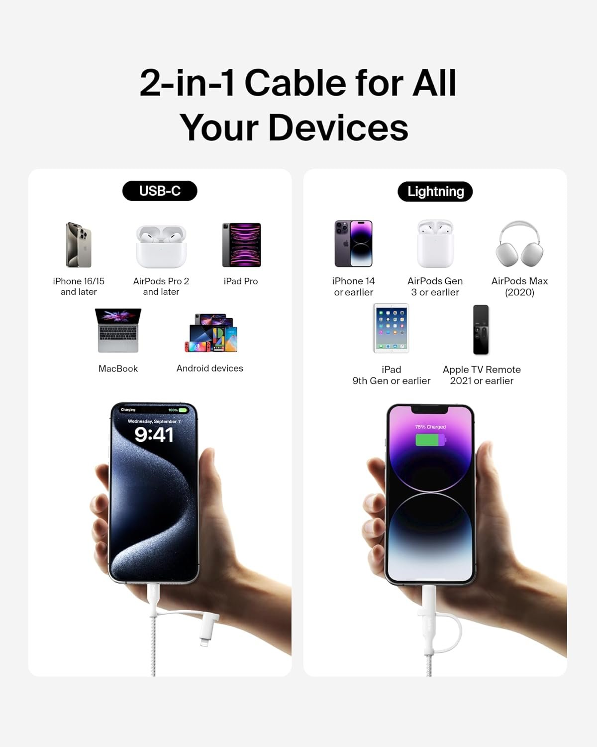 Belkin BoostCharge 2-in-1 USB-C Charging Cable w/USB-C & Lightning Connector - Braided Fast-Charging Cable, Multi-Charging Combo Cord for Apple iPhone, iPad, Samsung, MacBook, & More - White - Image 3