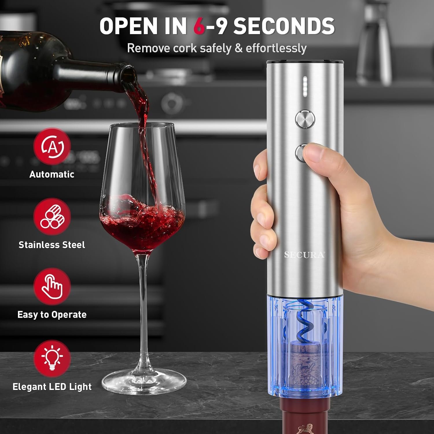 Secura Stainless Steel Electric Wine Opener, Rechargeable Automatic Home Wine Bottle Opener with Foil Cutter & Charging Cable, Reusable Corkscrew Wine Opener Electric for Wine Lovers, Silver - Image 4