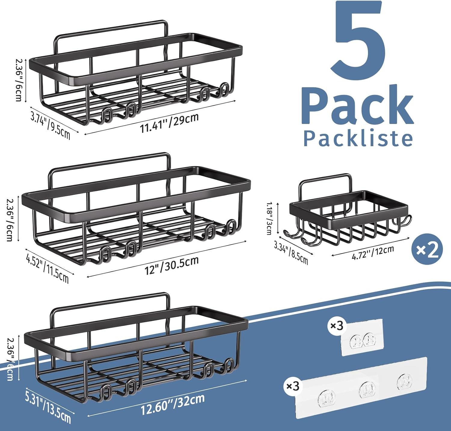 Adhesive Shower Caddy 5 Pack,Shower Organizer,No Drill Shower Shelf,Shower Shelf with Soap Holder,Large Capacity,Rust Resistant,Ideal for Bathroom and Kitchen Storage - Image 3