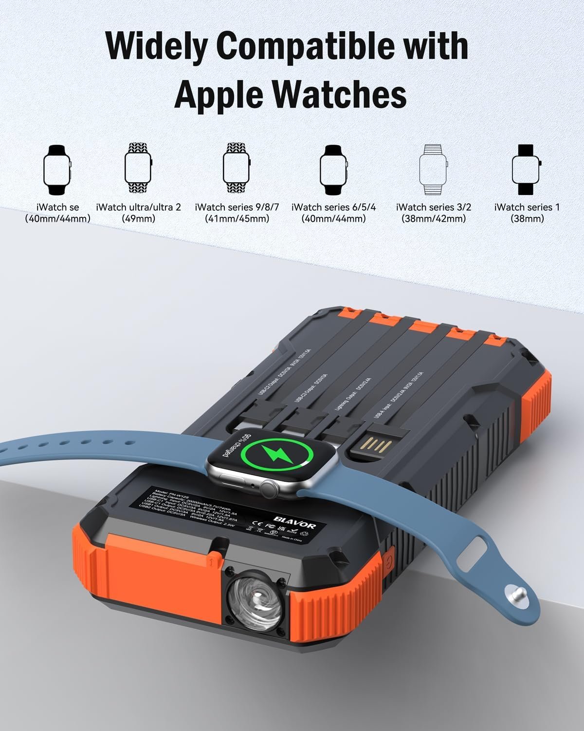 BLAVOR Solar Power Bank 20000mAh Built in 4 Cables,20W Fast Charging Portable Charger with USB C in/Output,Flashlight,Wireless Charging Battery pack for Apple Watches,Compatible with All Mobile Phones - Image 6