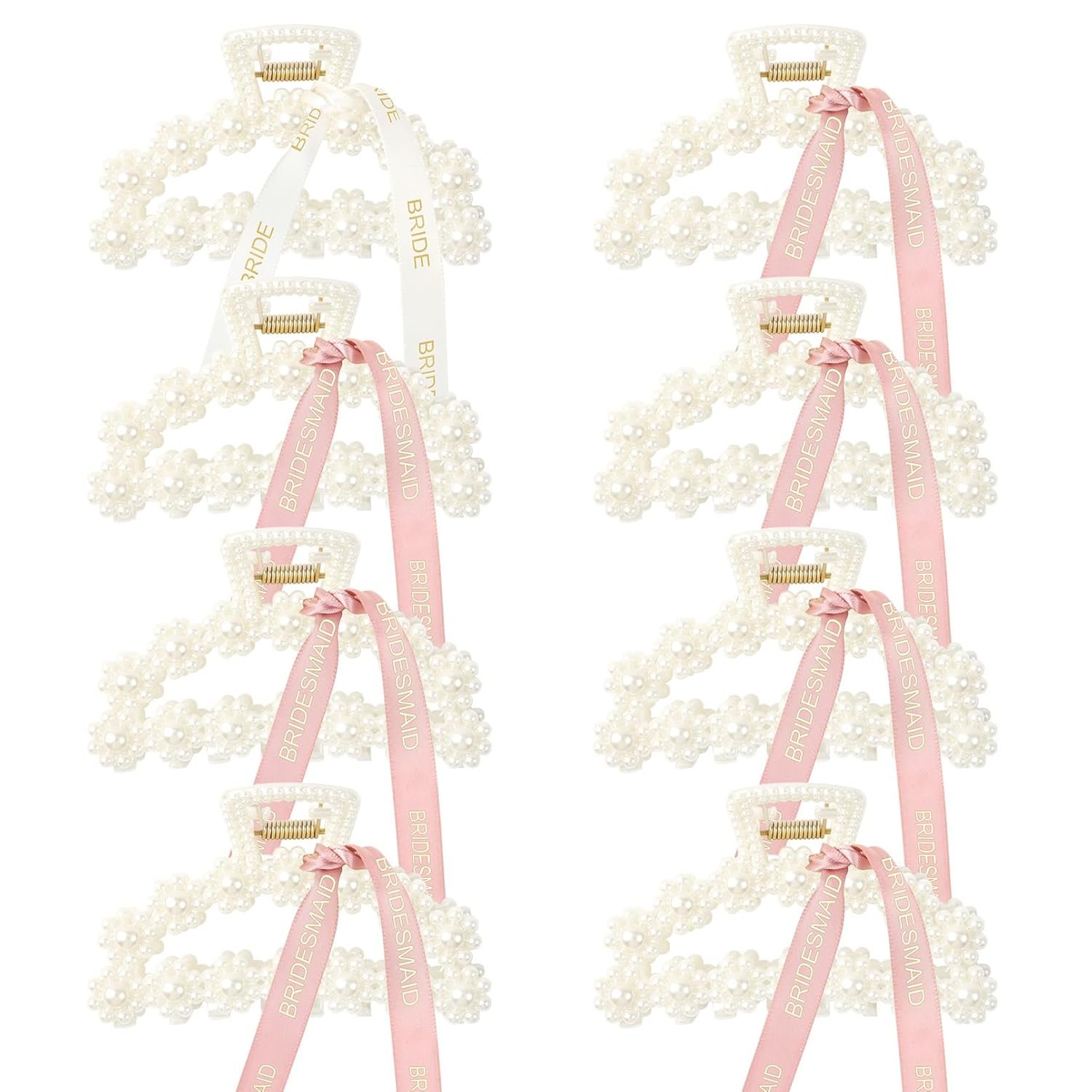 DEEKA Bridesmaid Proposal Gifts 8 Pack Pearl Bridesmaid Hair Claw Clips with Ribbon 3 Inch Hair Clips Bachelorette Party Favors Bridal Party Present Hair Accessories (Half Circle White&Rose Gold) - Image 2