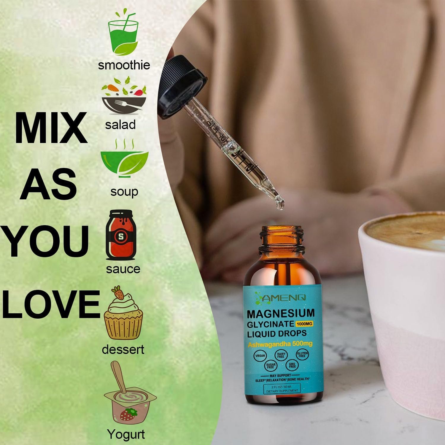 Magnesium Glycinate Liquid Drops with Ashwagandha,B1, B3, Saffron & Rhodiola Rosea for Support Rest, Mood & Energy Calm Magnesium Drops for Adults, Organic Magnesium Supplement, Vegan 2 FL/OZ - Image 8