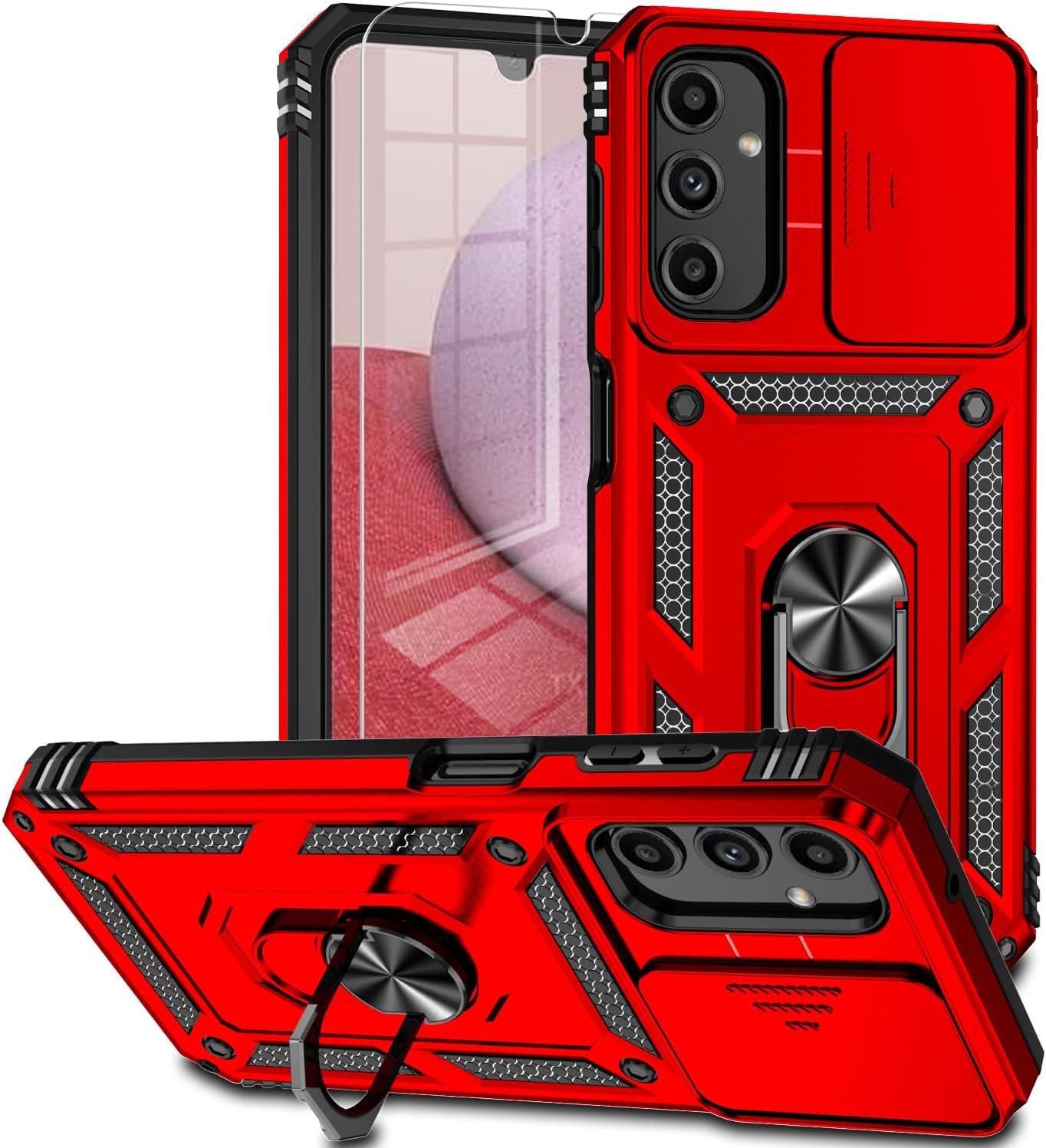 for Galaxy A14 5G Phone Case with Camera Lens Cover HD Screen Protector, Dual Layer Military-Grade Drop Tested Magnetic Ring Holder Kickstand Protective Phone Case for Samsung A14 (Red) - Image 2