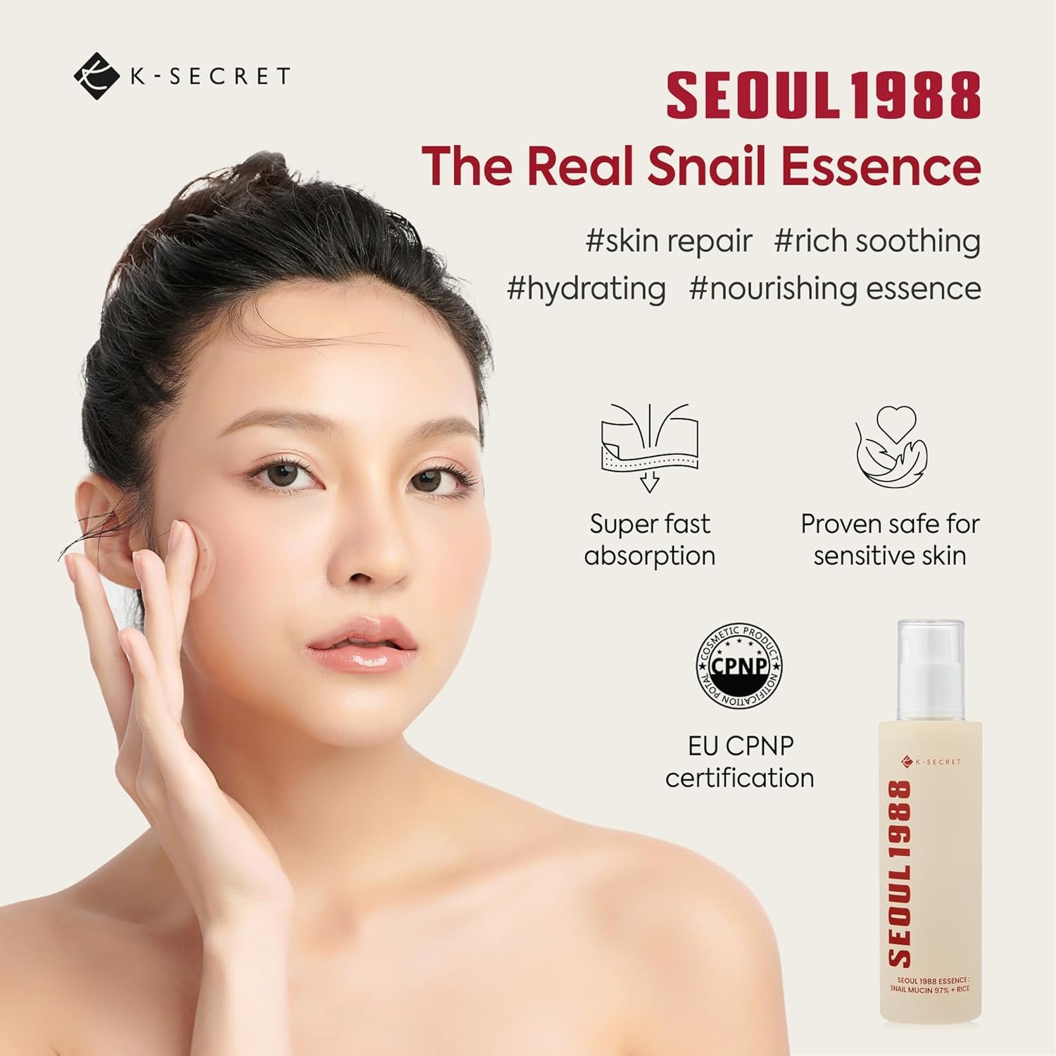 K-SECRET Snail Mucin Essence Serum: 97% Snail Secretion with Rice Ferment Filtrate and Rice Extract for Skin Hydration Soothing and Balancing - SEOUL 1988 Korean Skincare 100mL - Image 3